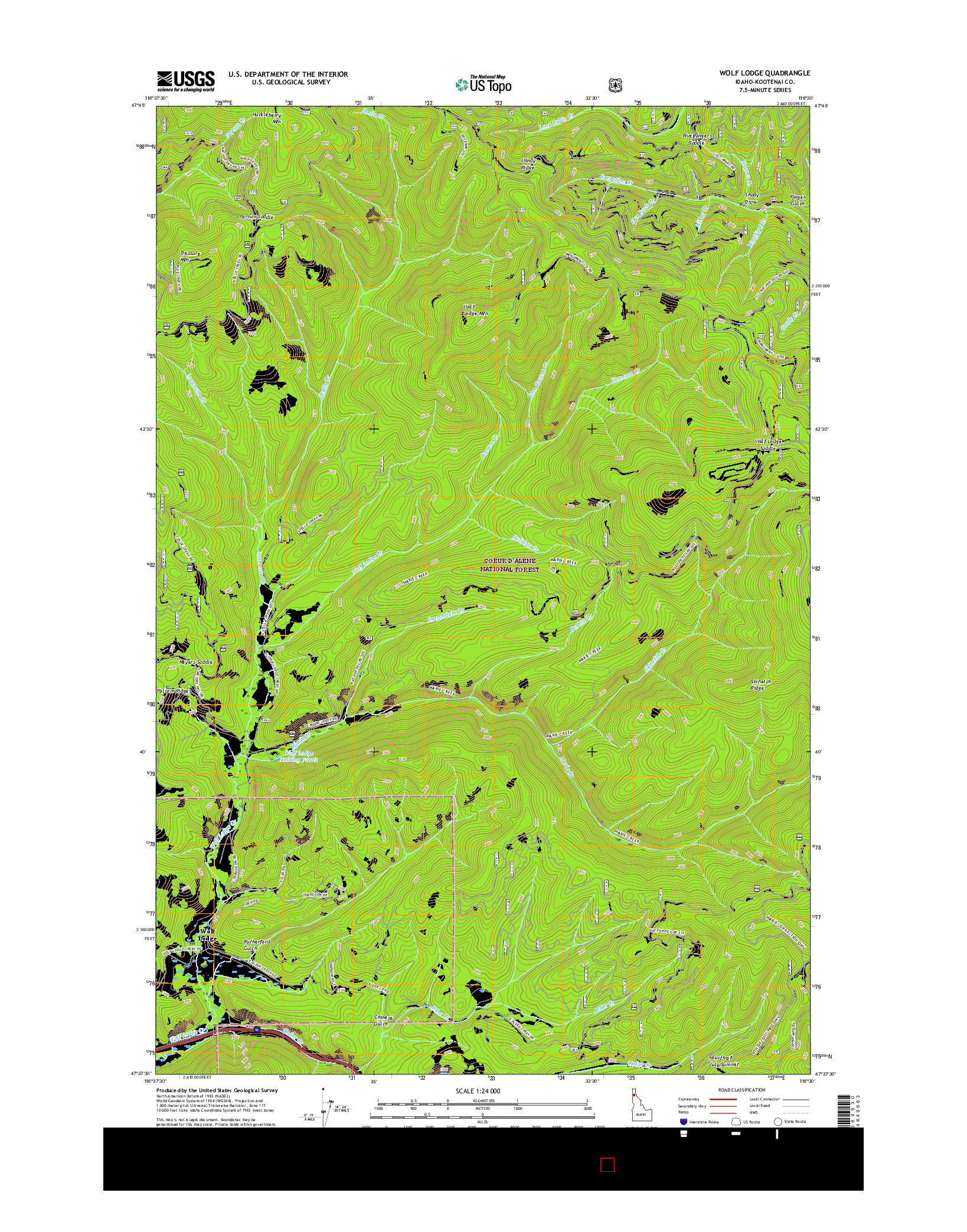 USGS US TOPO 7.5-MINUTE MAP FOR WOLF LODGE, ID 2017