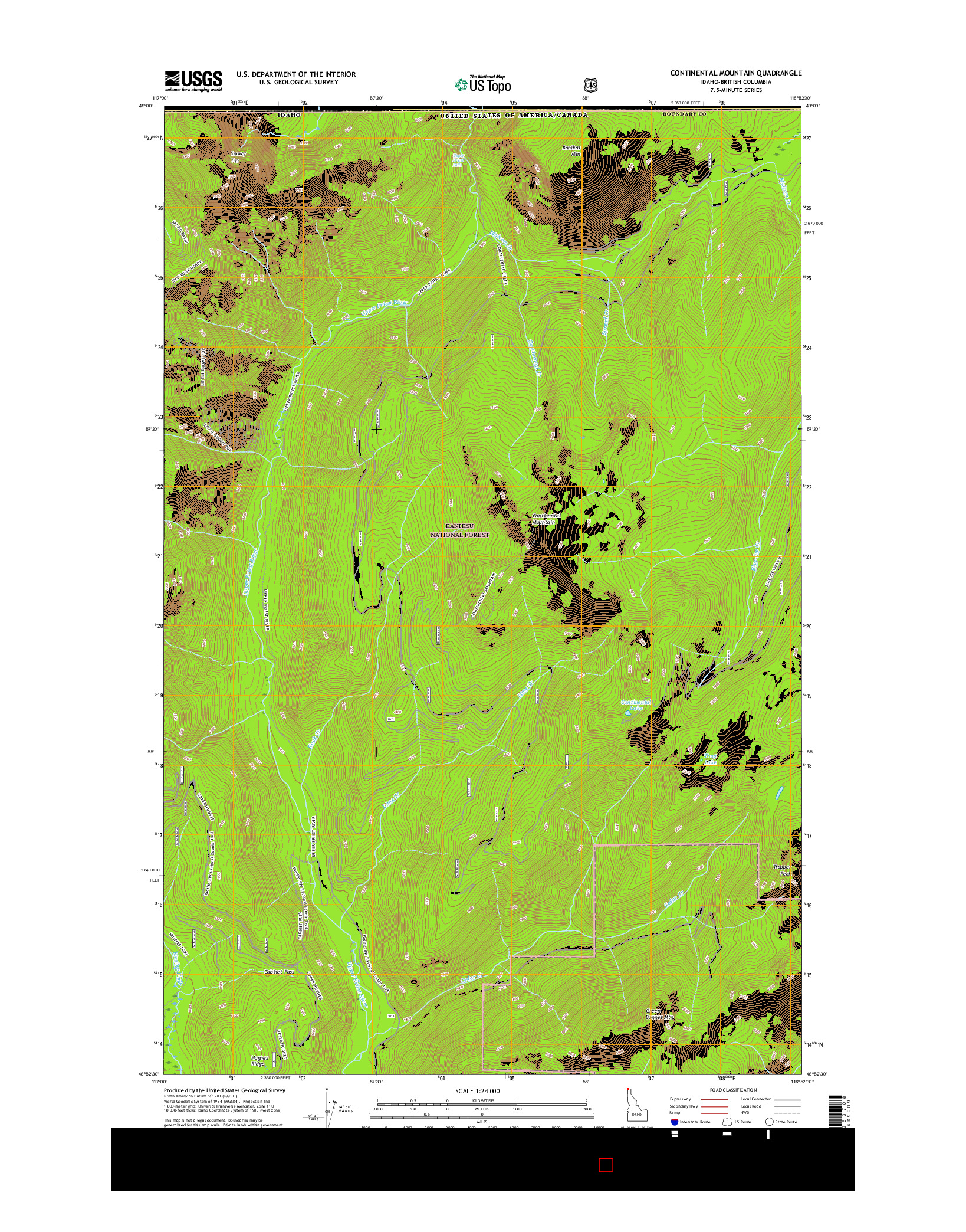 USGS US TOPO 7.5-MINUTE MAP FOR CONTINENTAL MOUNTAIN, ID-BC 2017