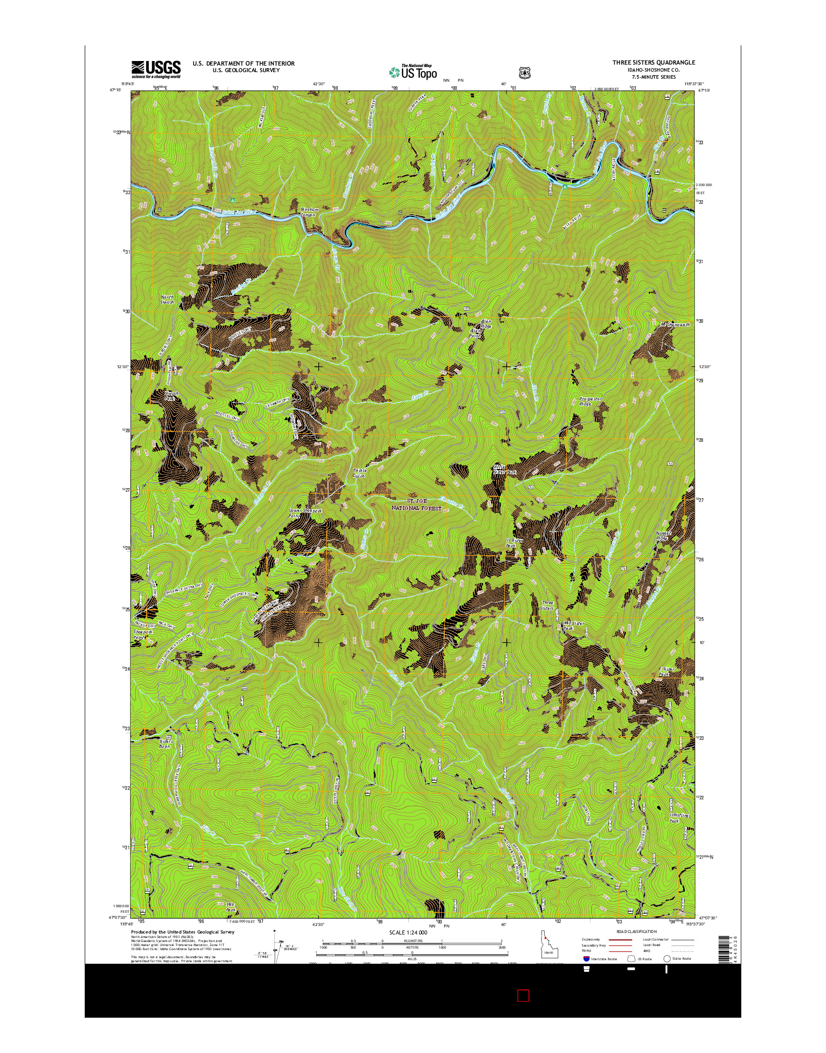 USGS US TOPO 7.5-MINUTE MAP FOR THREE SISTERS, ID 2017