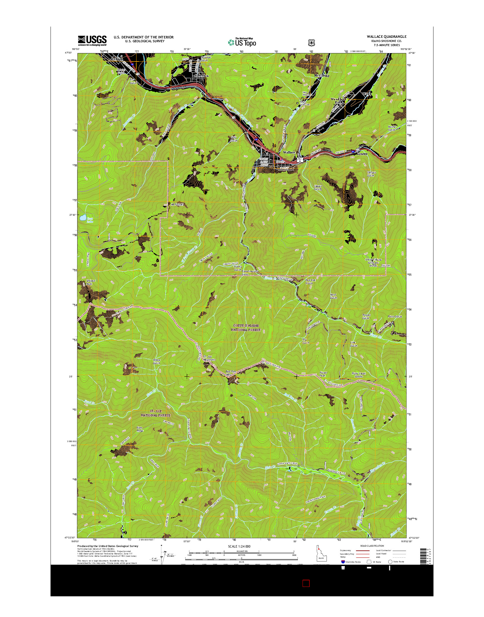 USGS US TOPO 7.5-MINUTE MAP FOR WALLACE, ID 2017