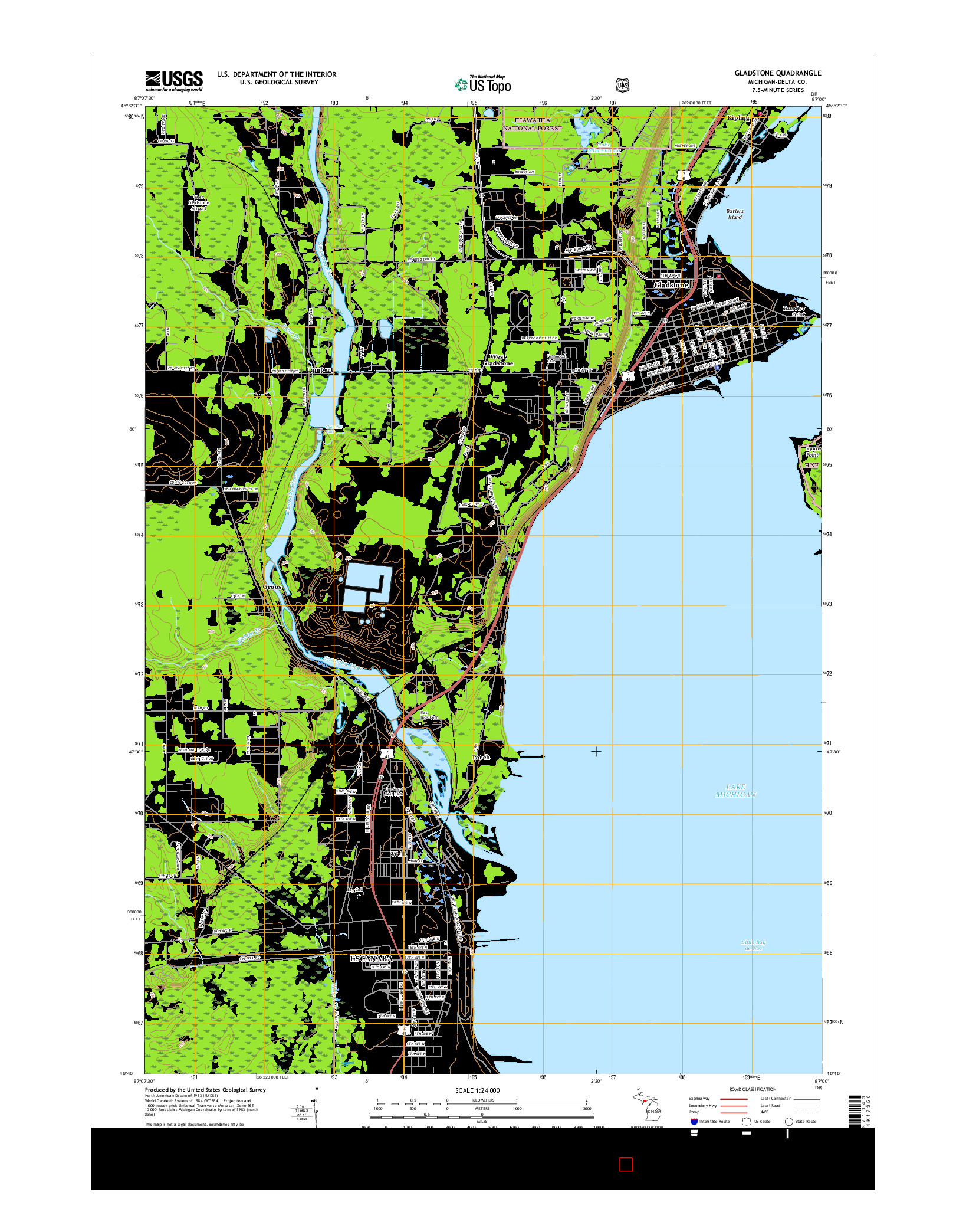 USGS US TOPO 7.5-MINUTE MAP FOR GLADSTONE, MI 2017