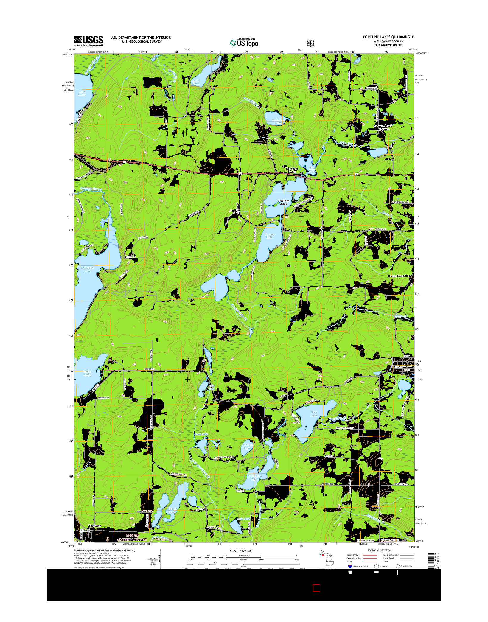 USGS US TOPO 7.5-MINUTE MAP FOR FORTUNE LAKES, MI-WI 2017