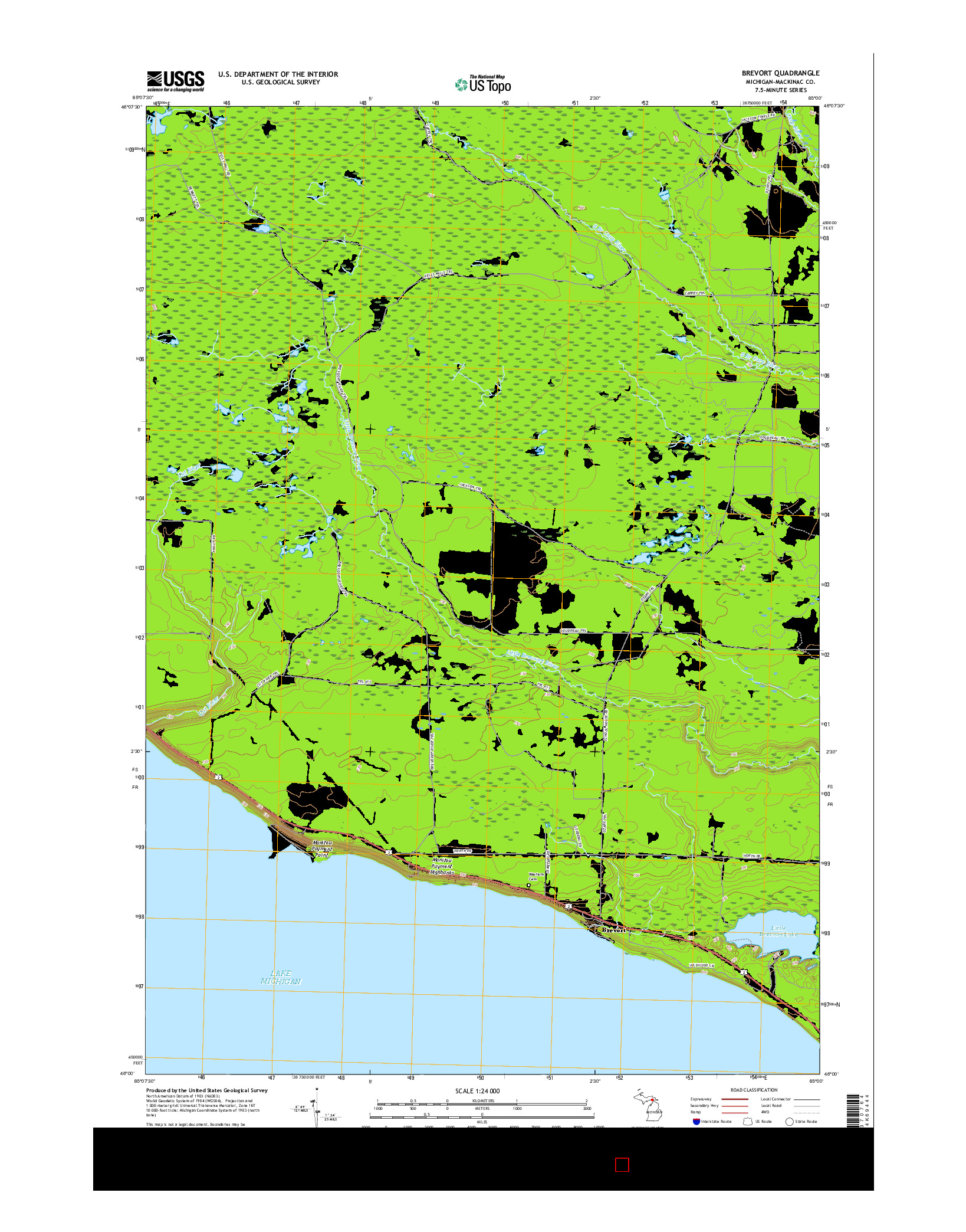 USGS US TOPO 7.5-MINUTE MAP FOR BREVORT, MI 2017