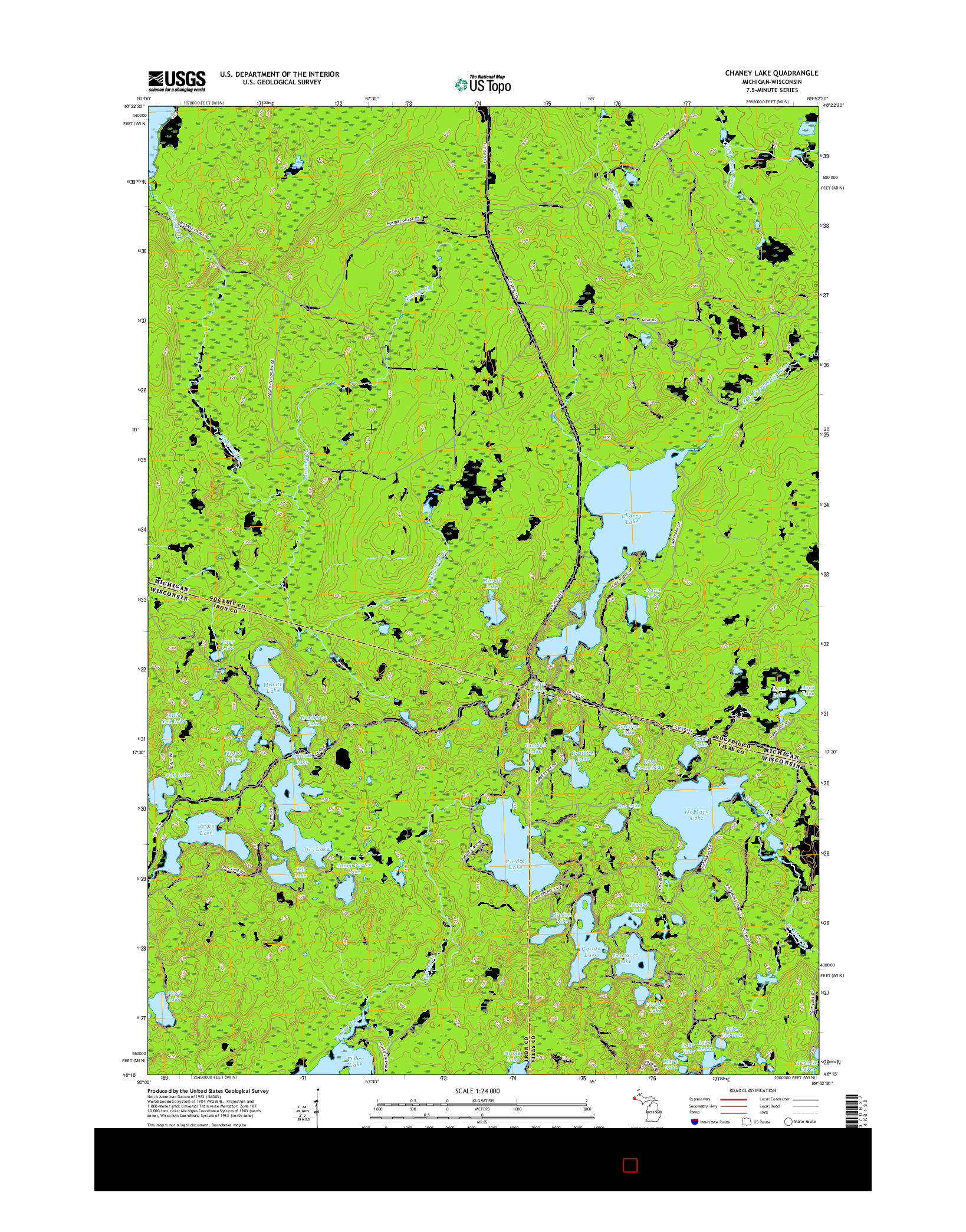 USGS US TOPO 7.5-MINUTE MAP FOR CHANEY LAKE, MI-WI 2017