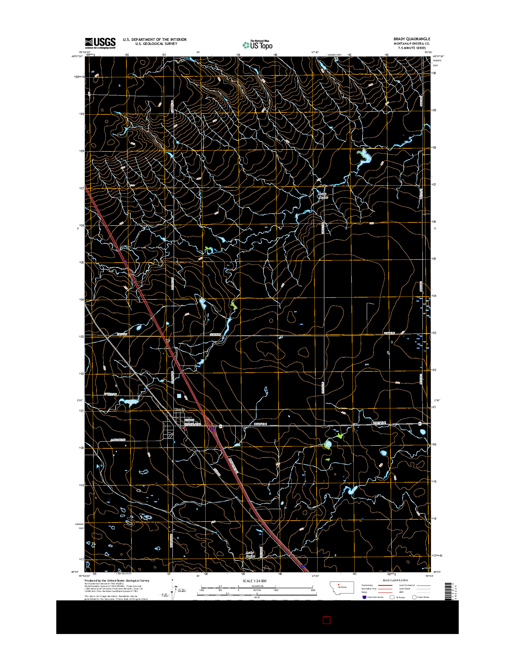 USGS US TOPO 7.5-MINUTE MAP FOR BRADY, MT 2017