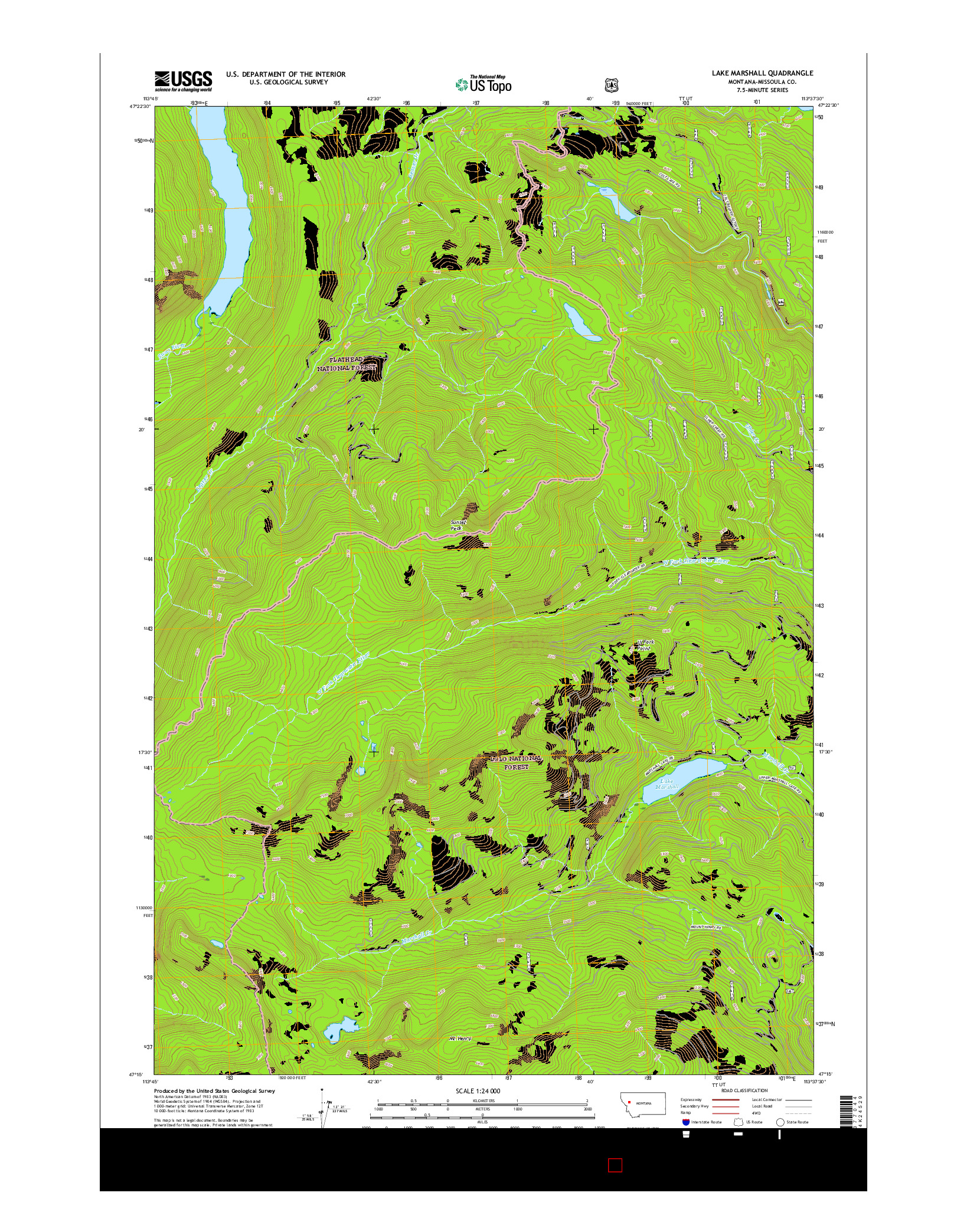 USGS US TOPO 7.5-MINUTE MAP FOR LAKE MARSHALL, MT 2017