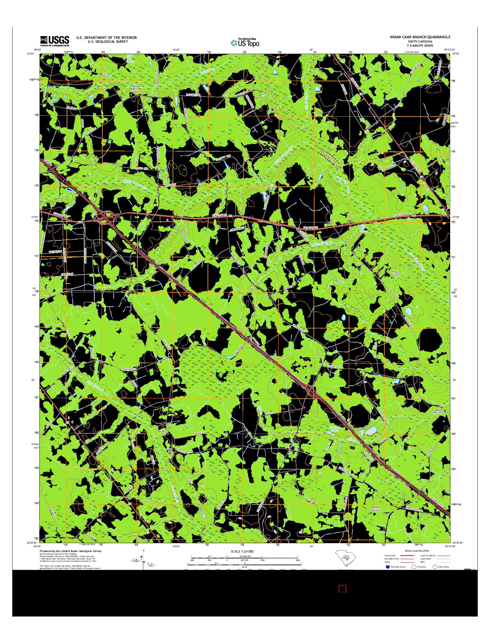 USGS US TOPO 7.5-MINUTE MAP FOR INDIAN CAMP BRANCH, SC 2017