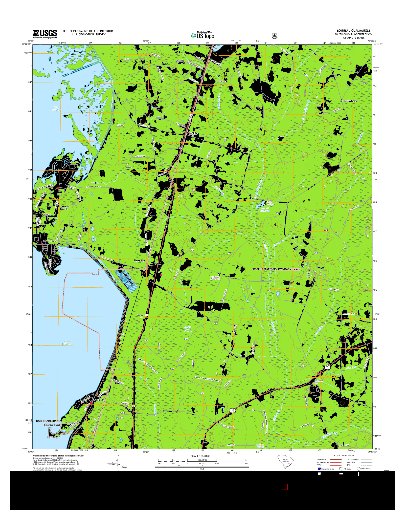USGS US TOPO 7.5-MINUTE MAP FOR BONNEAU, SC 2017