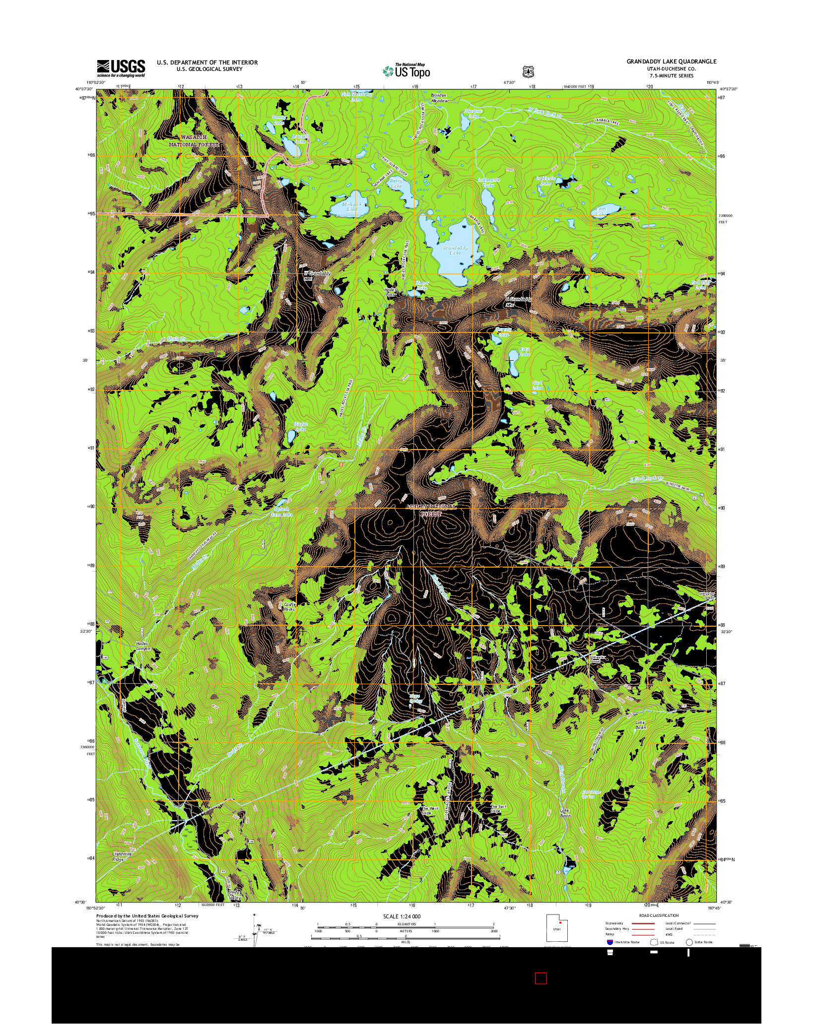 USGS US TOPO 7.5-MINUTE MAP FOR GRANDADDY LAKE, UT 2017