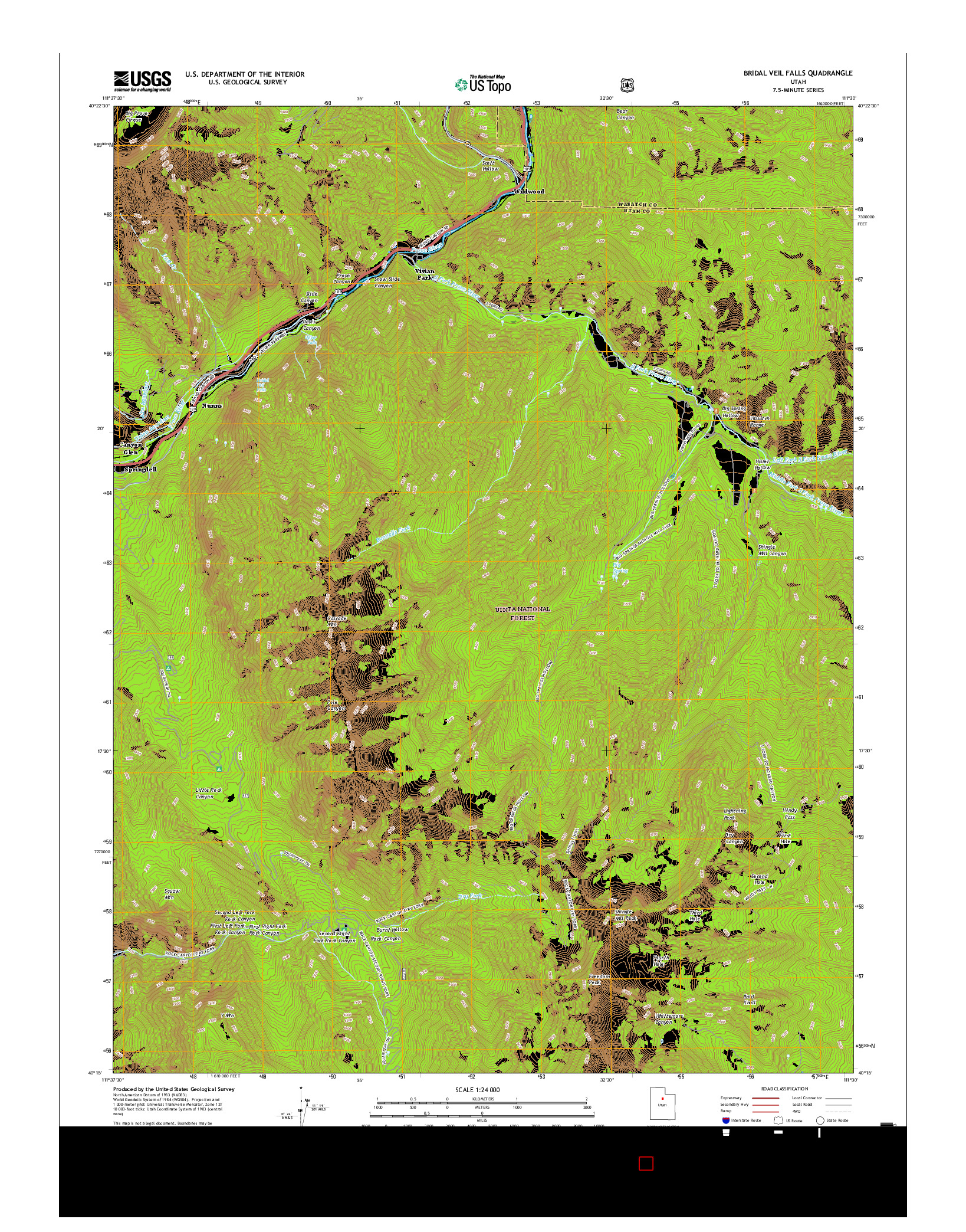 USGS US TOPO 7.5-MINUTE MAP FOR BRIDAL VEIL FALLS, UT 2017