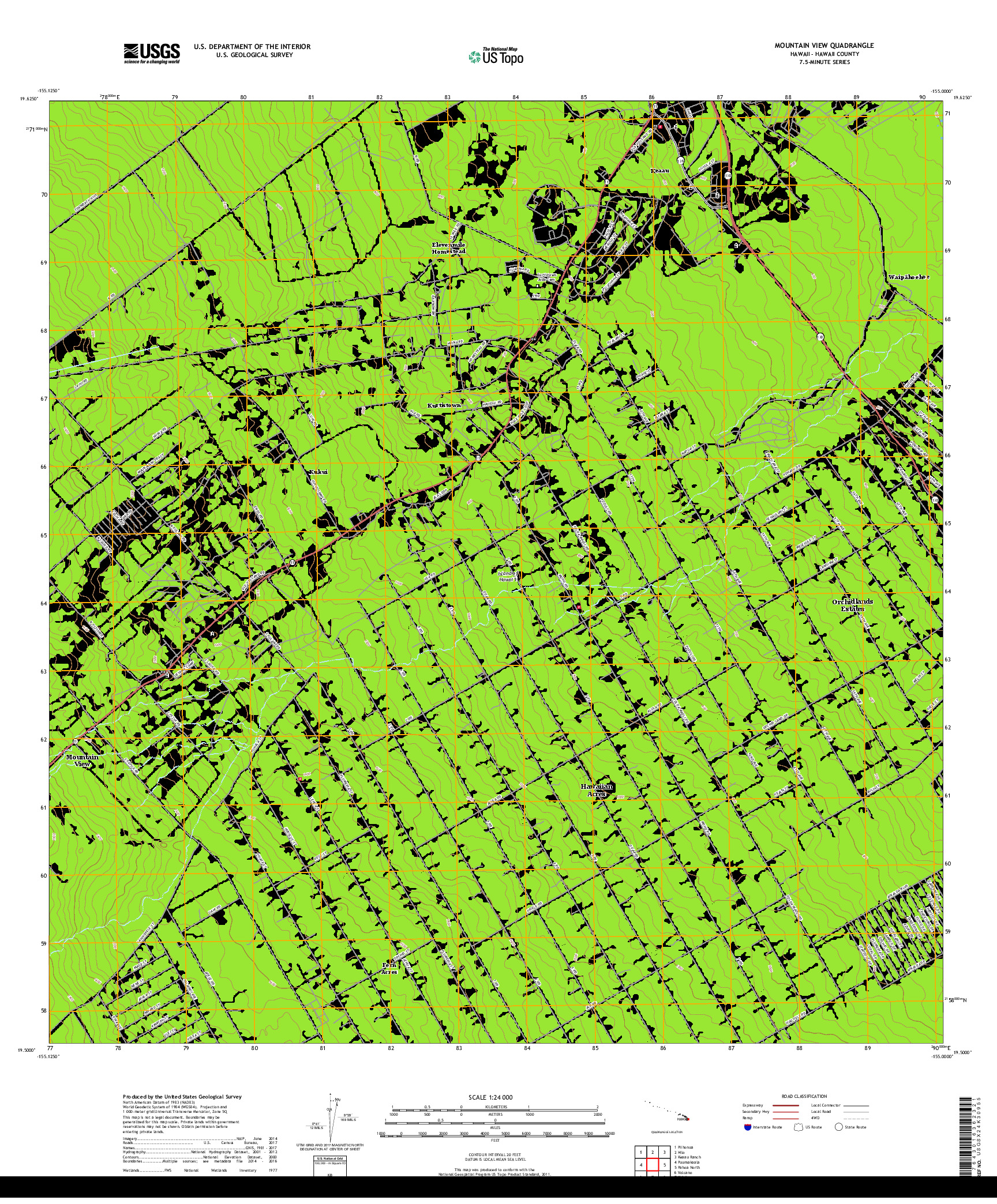 USGS US TOPO 7.5-MINUTE MAP FOR MOUNTAIN VIEW, HI 2017