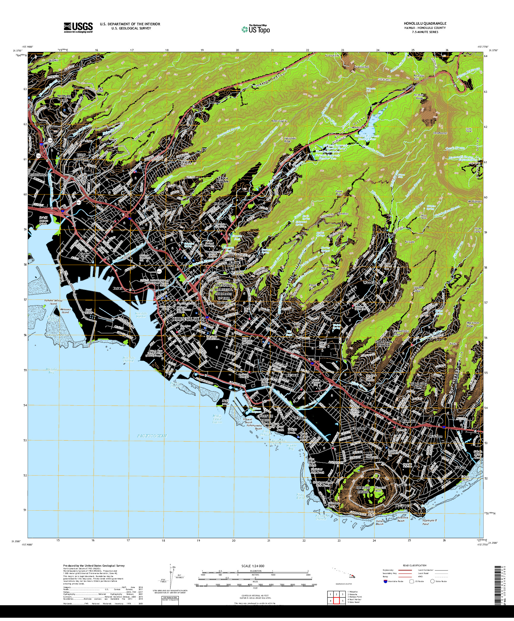 USGS US TOPO 7.5-MINUTE MAP FOR HONOLULU, HI 2017