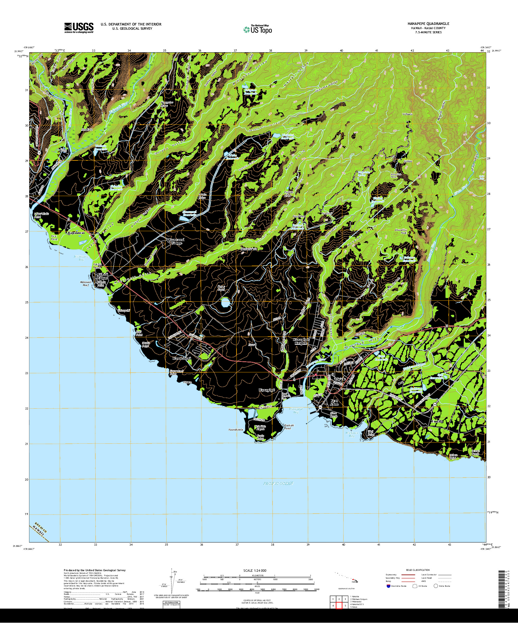 USGS US TOPO 7.5-MINUTE MAP FOR HANAPEPE, HI 2017