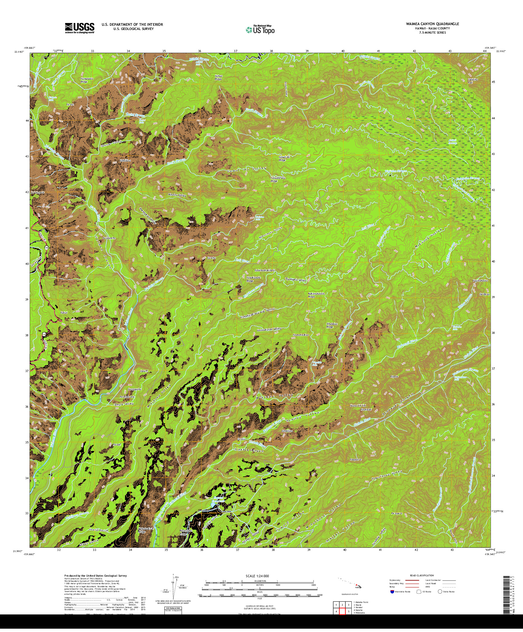 USGS US TOPO 7.5-MINUTE MAP FOR WAIMEA CANYON, HI 2017