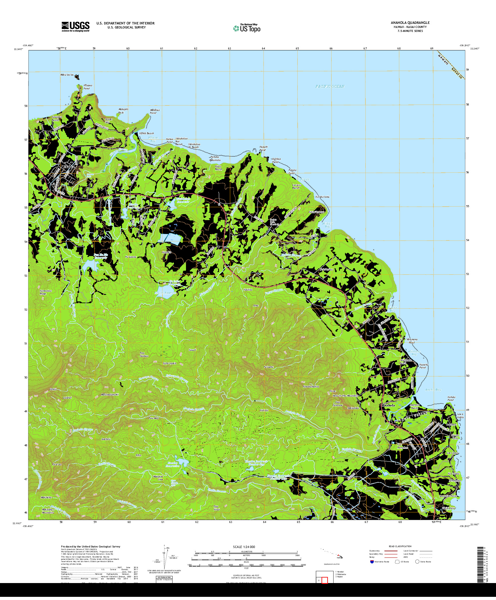 USGS US TOPO 7.5-MINUTE MAP FOR ANAHOLA, HI 2017