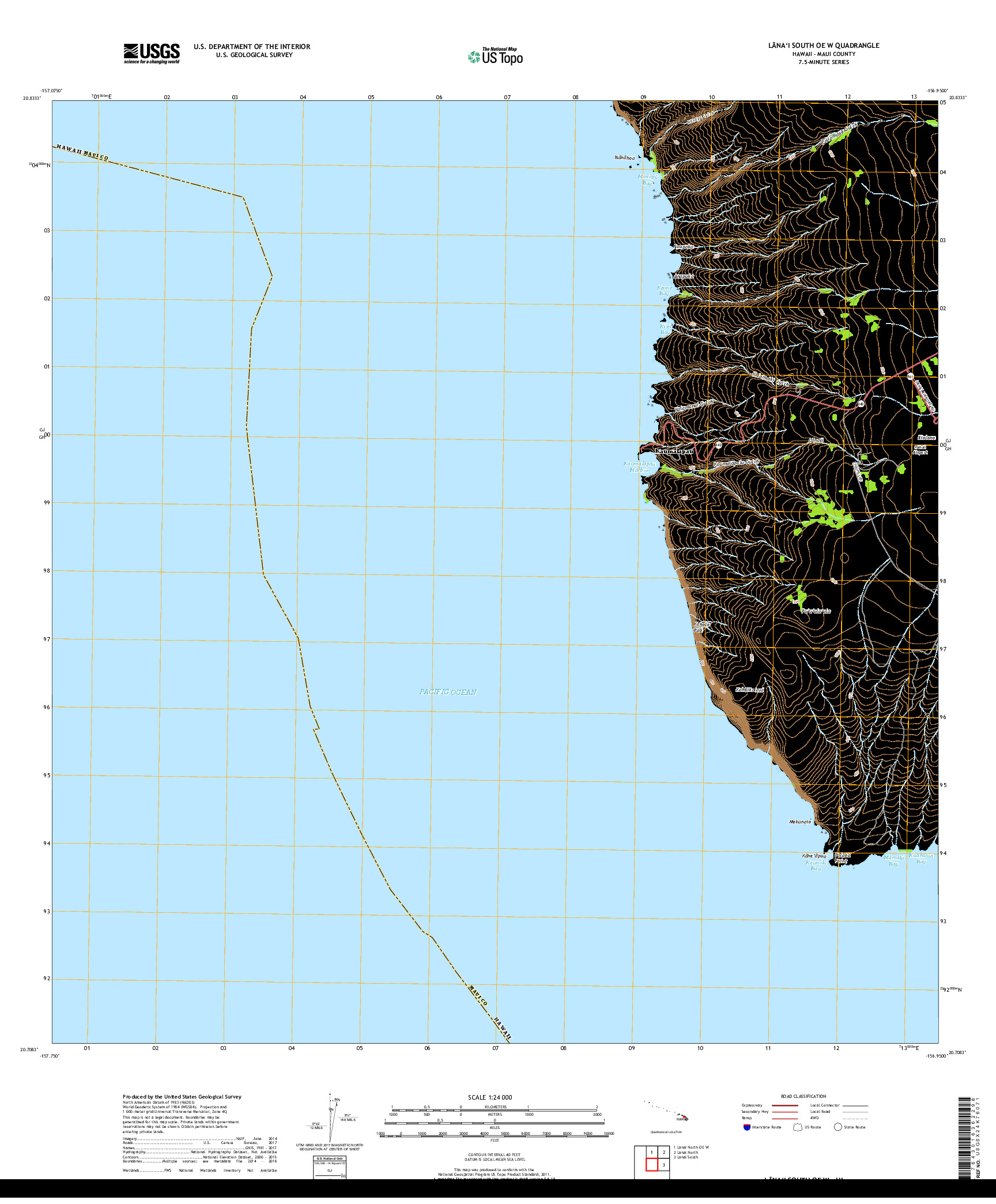 USGS US TOPO 7.5-MINUTE MAP FOR LANAI SOUTH OE W, HI 2017