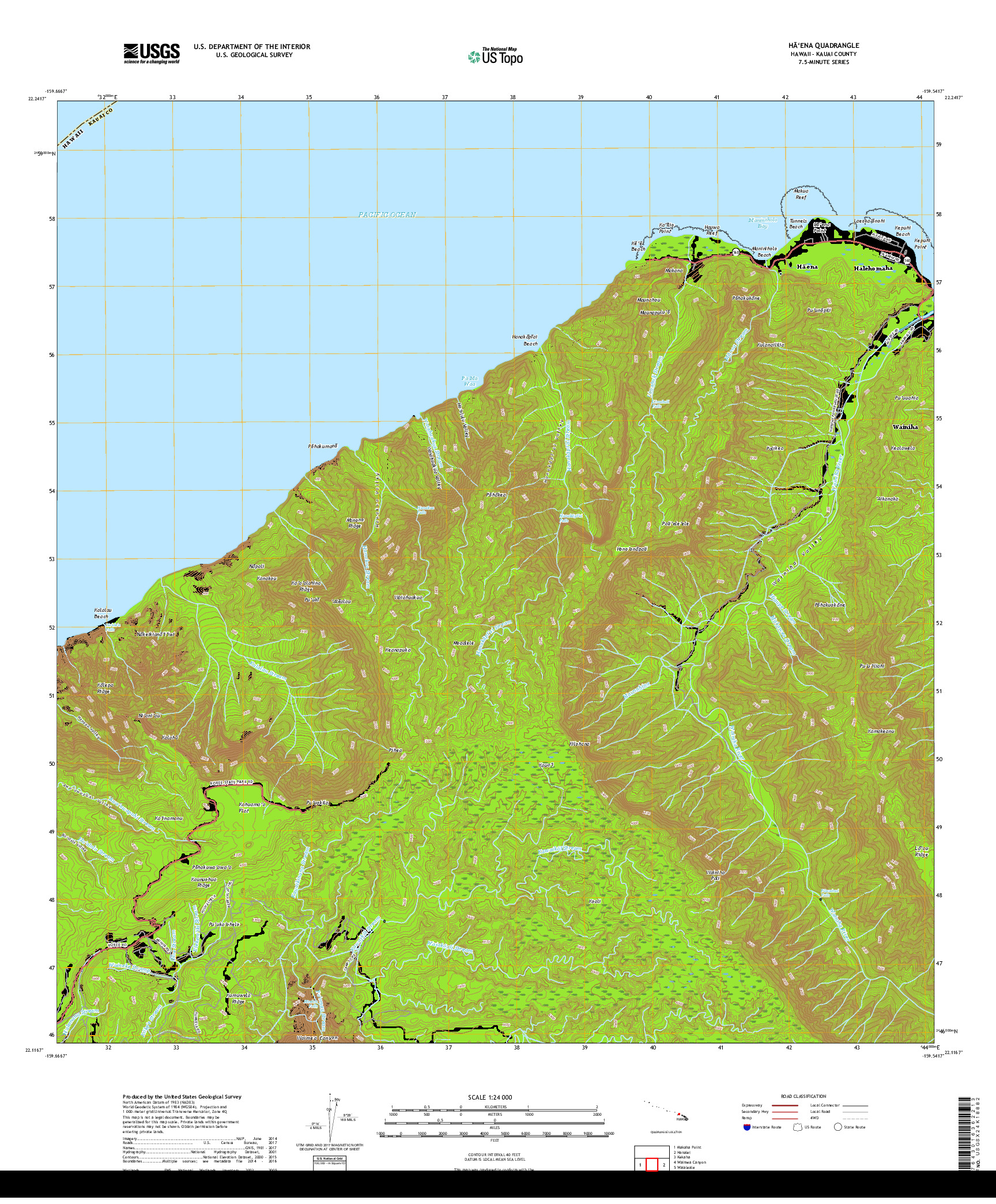 USGS US TOPO 7.5-MINUTE MAP FOR HAENA, HI 2017