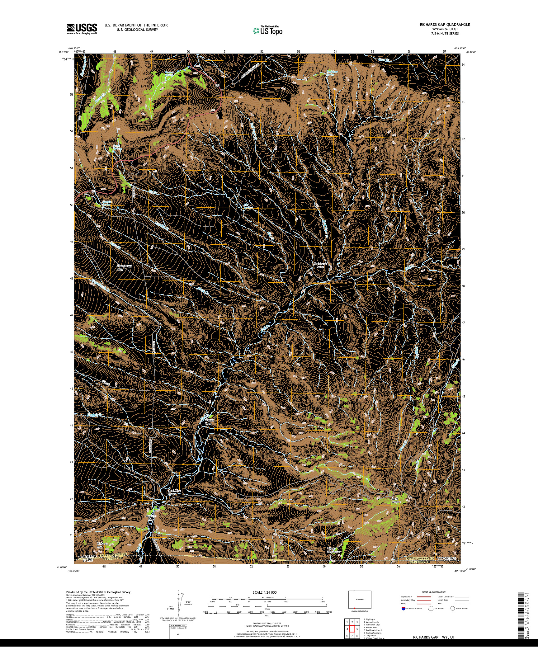 USGS US TOPO 7.5-MINUTE MAP FOR RICHARDS GAP, WY,UT 2018