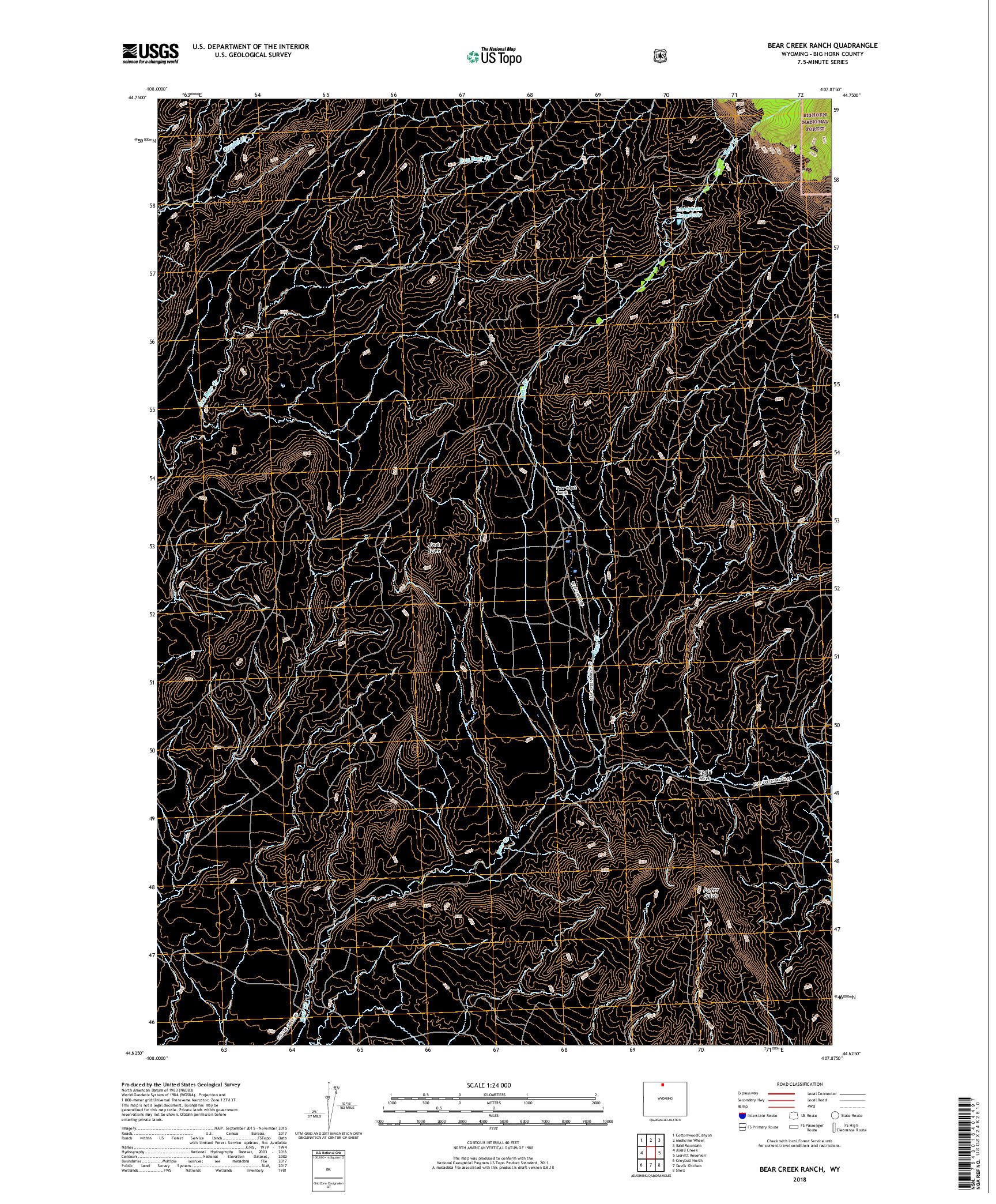 USGS US TOPO 7.5-MINUTE MAP FOR BEAR CREEK RANCH, WY 2018