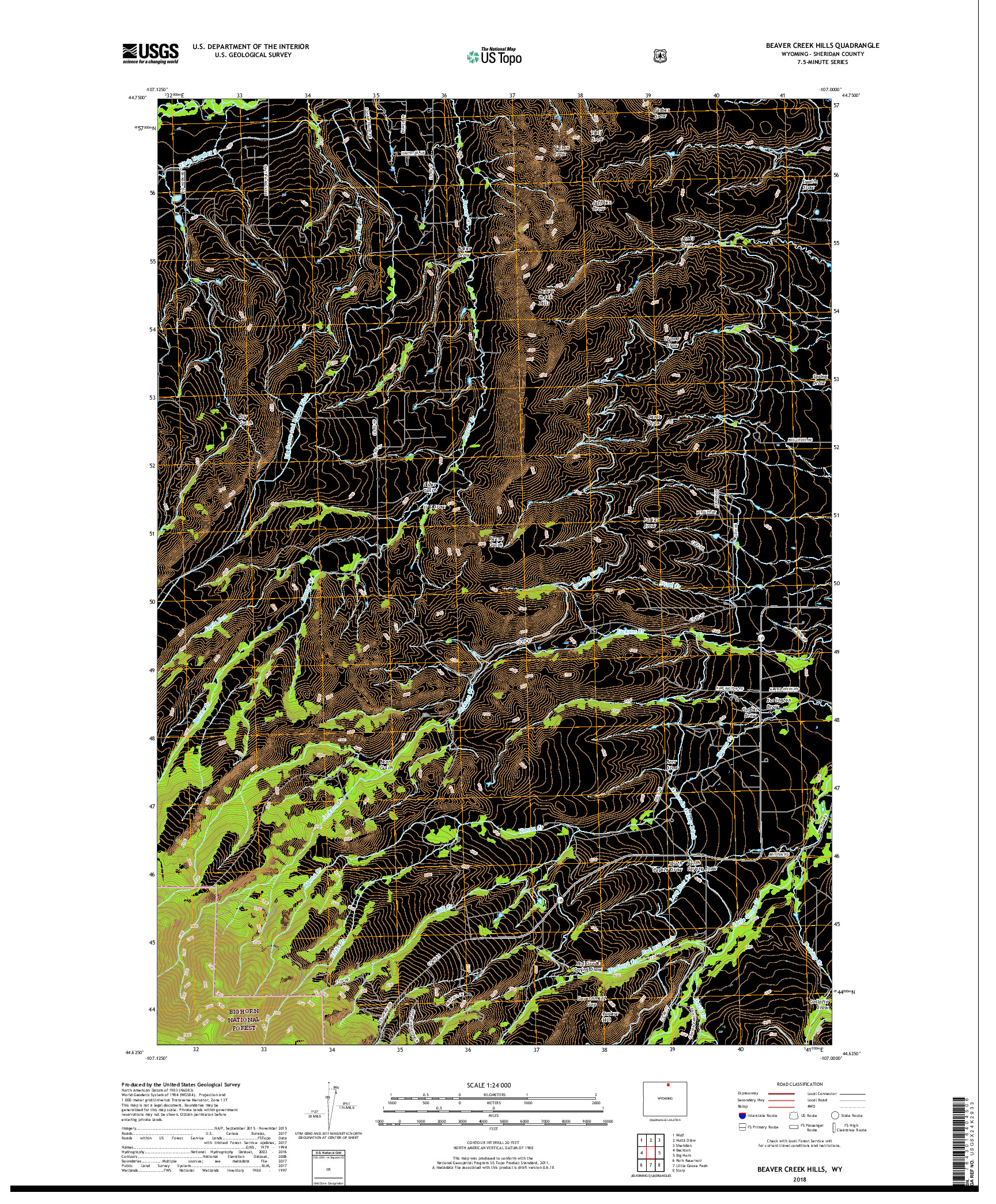 USGS US TOPO 7.5-MINUTE MAP FOR BEAVER CREEK HILLS, WY 2018