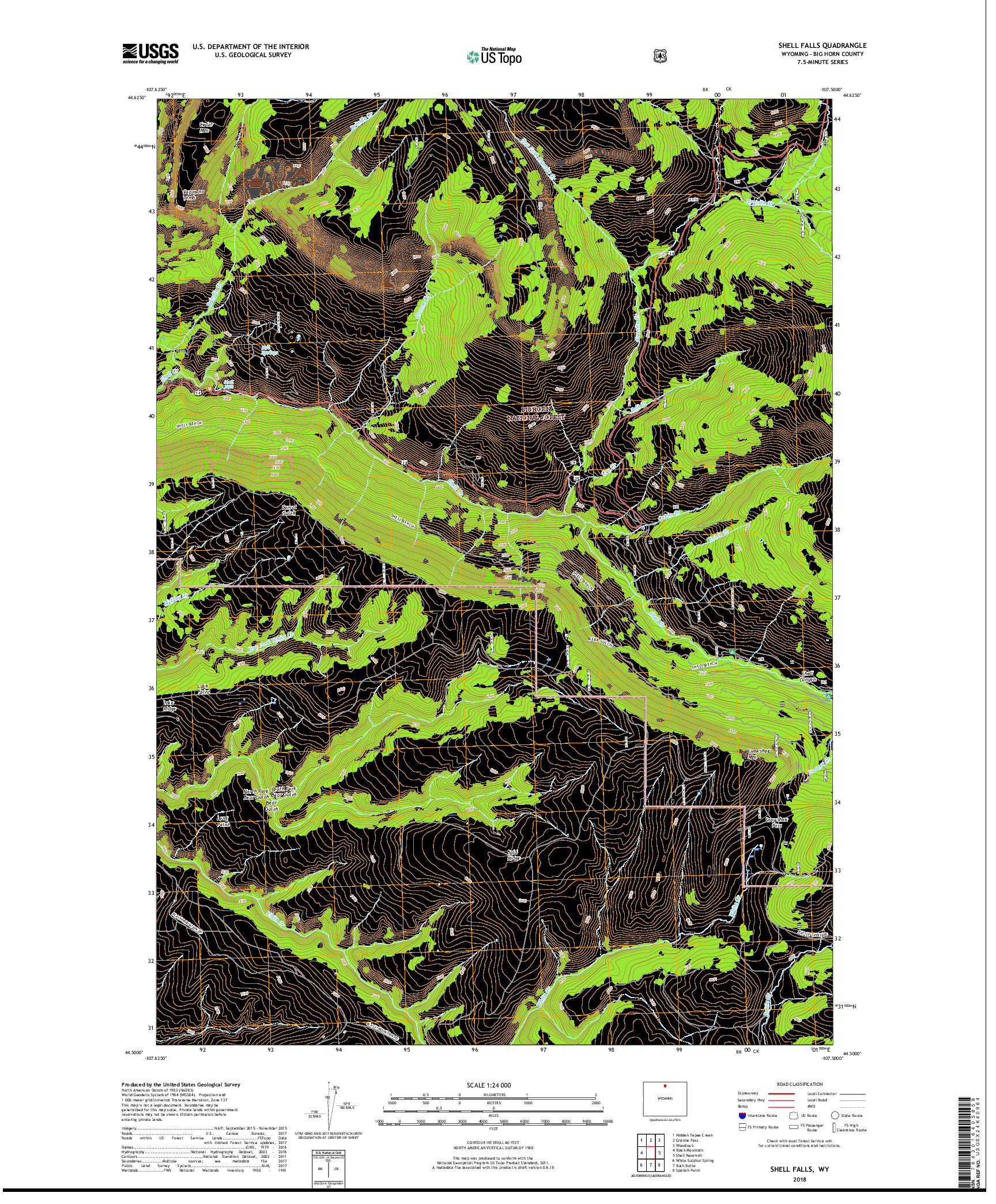 USGS US TOPO 7.5-MINUTE MAP FOR SHELL FALLS, WY 2018