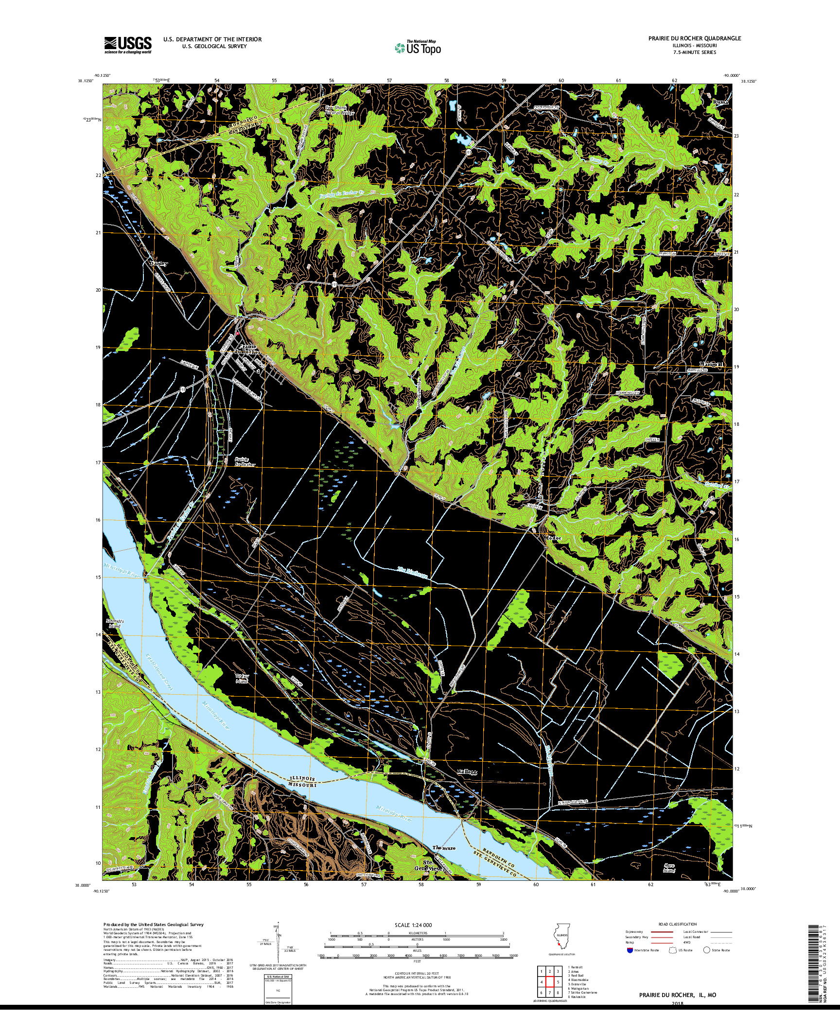 USGS US TOPO 7.5-MINUTE MAP FOR PRAIRIE DU ROCHER, IL,MO 2018