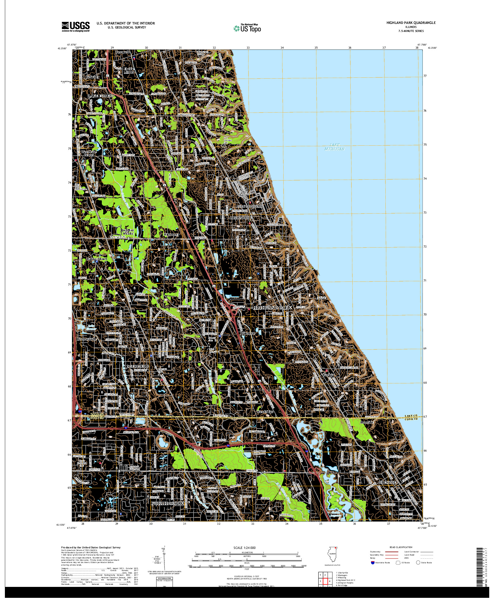 USGS US TOPO 7.5-MINUTE MAP FOR HIGHLAND PARK, IL 2018