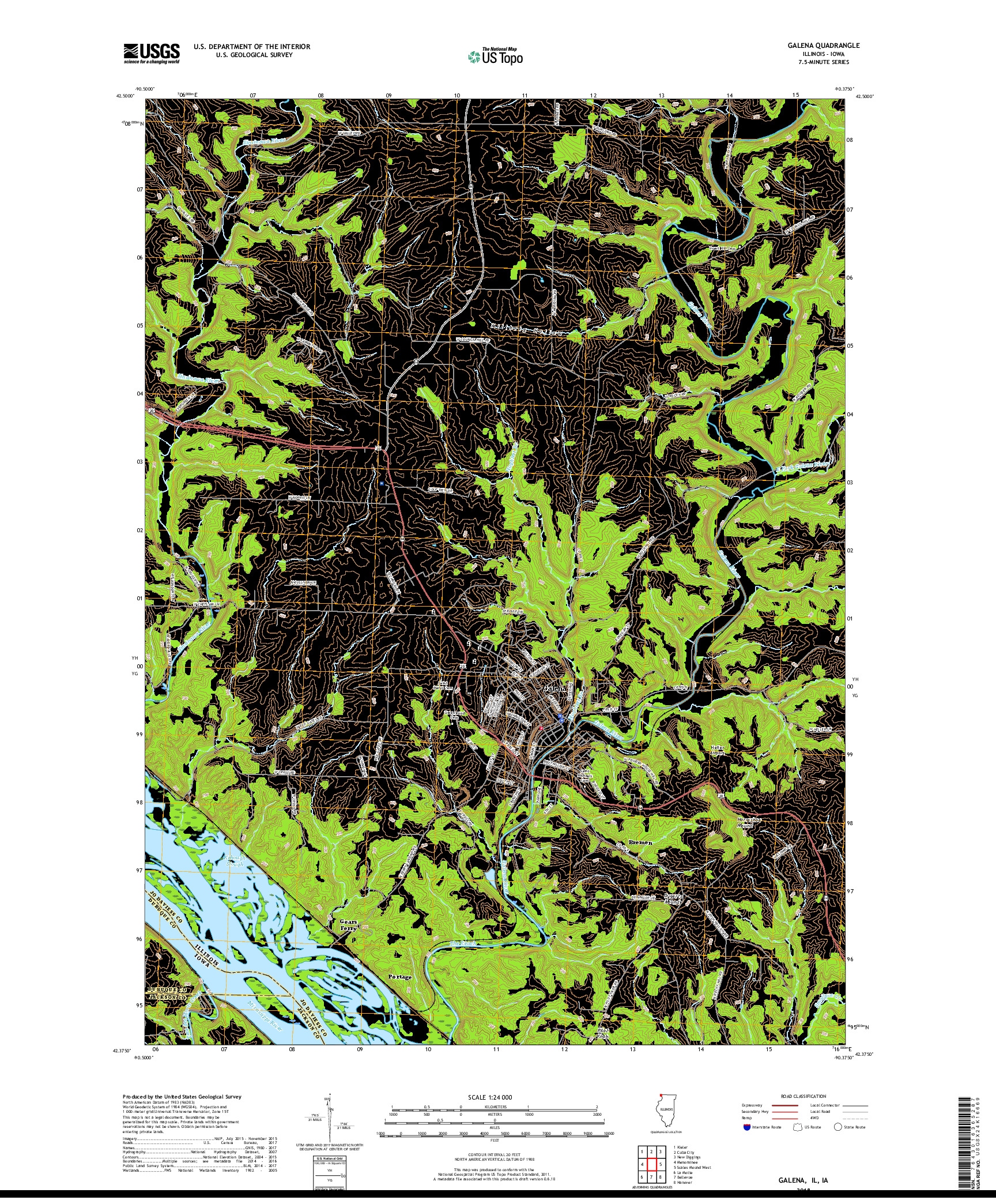 USGS US TOPO 7.5-MINUTE MAP FOR GALENA, IL,IA 2018