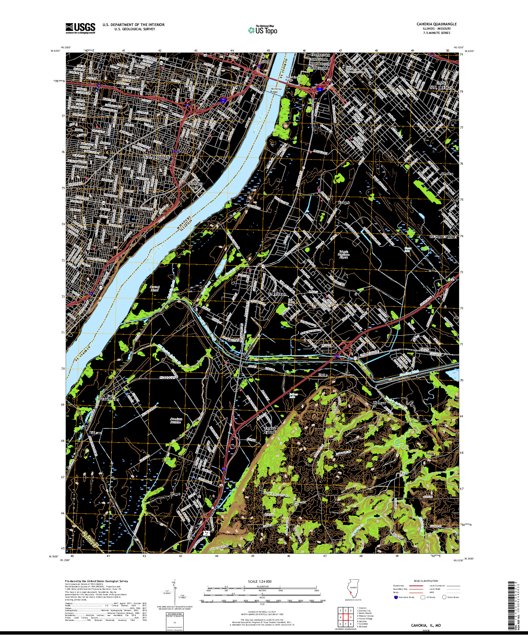 USGS US TOPO 7.5-MINUTE MAP FOR CAHOKIA, IL,MO 2018