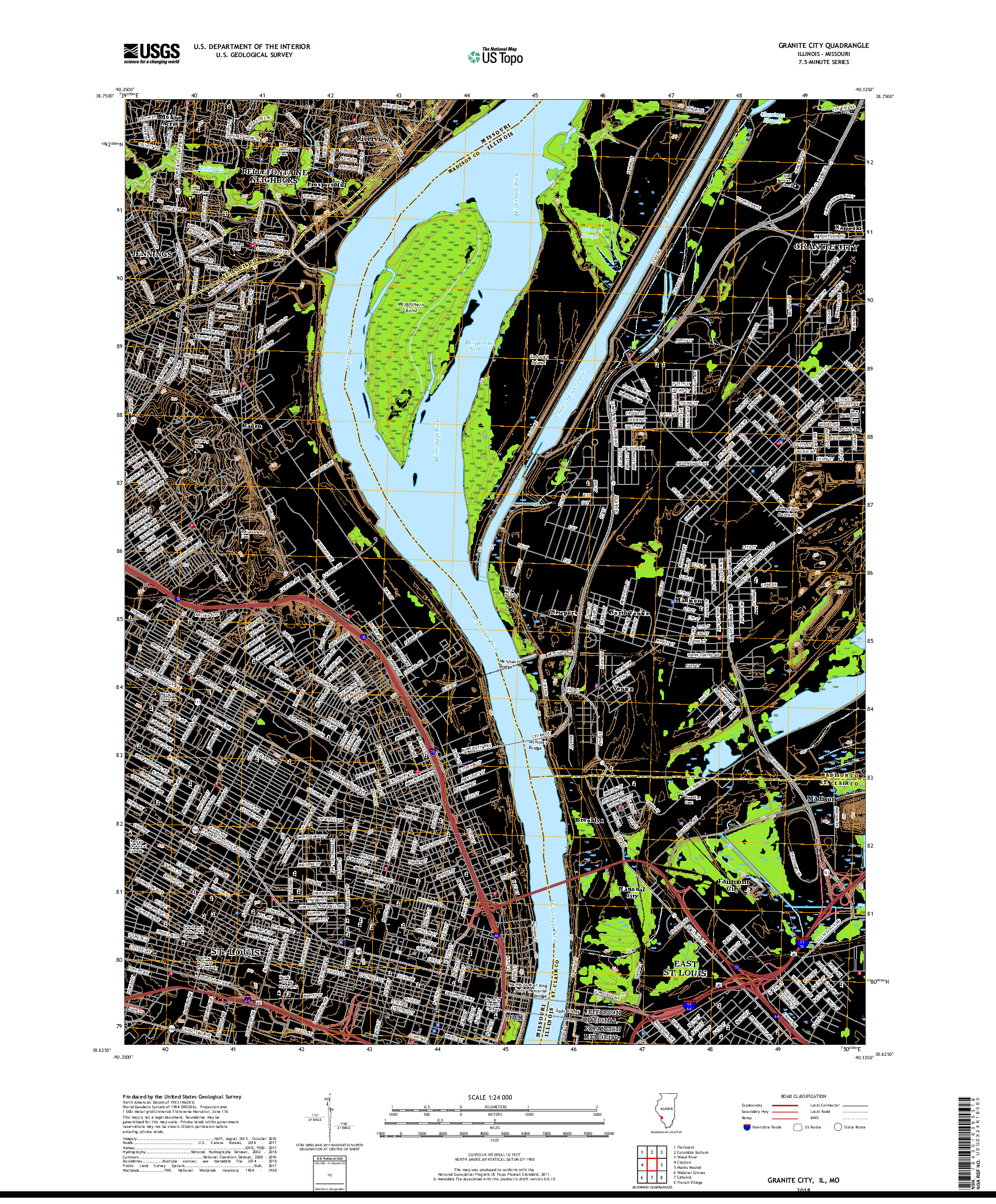 USGS US TOPO 7.5-MINUTE MAP FOR GRANITE CITY, IL,MO 2018