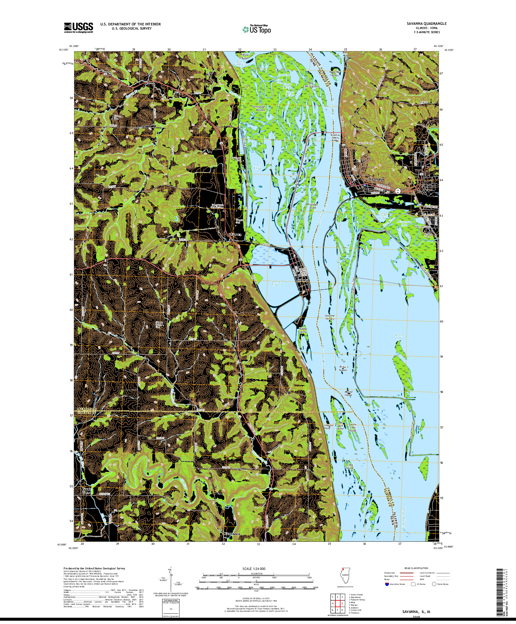USGS US TOPO 7.5-MINUTE MAP FOR SAVANNA, IL,IA 2018