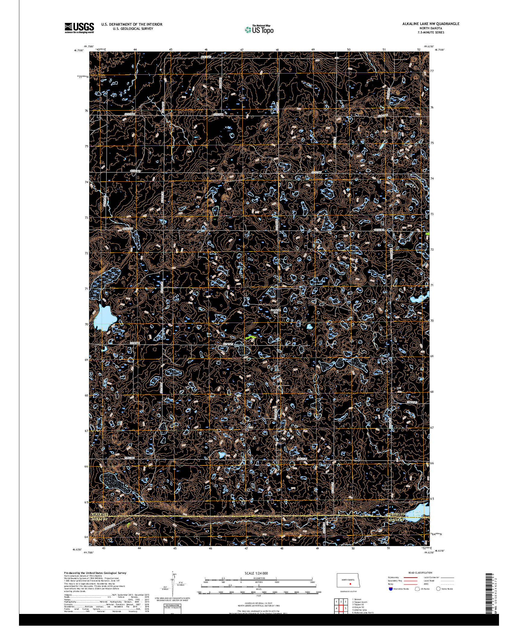 USGS US TOPO 7.5-MINUTE MAP FOR ALKALINE LAKE NW, ND 2018