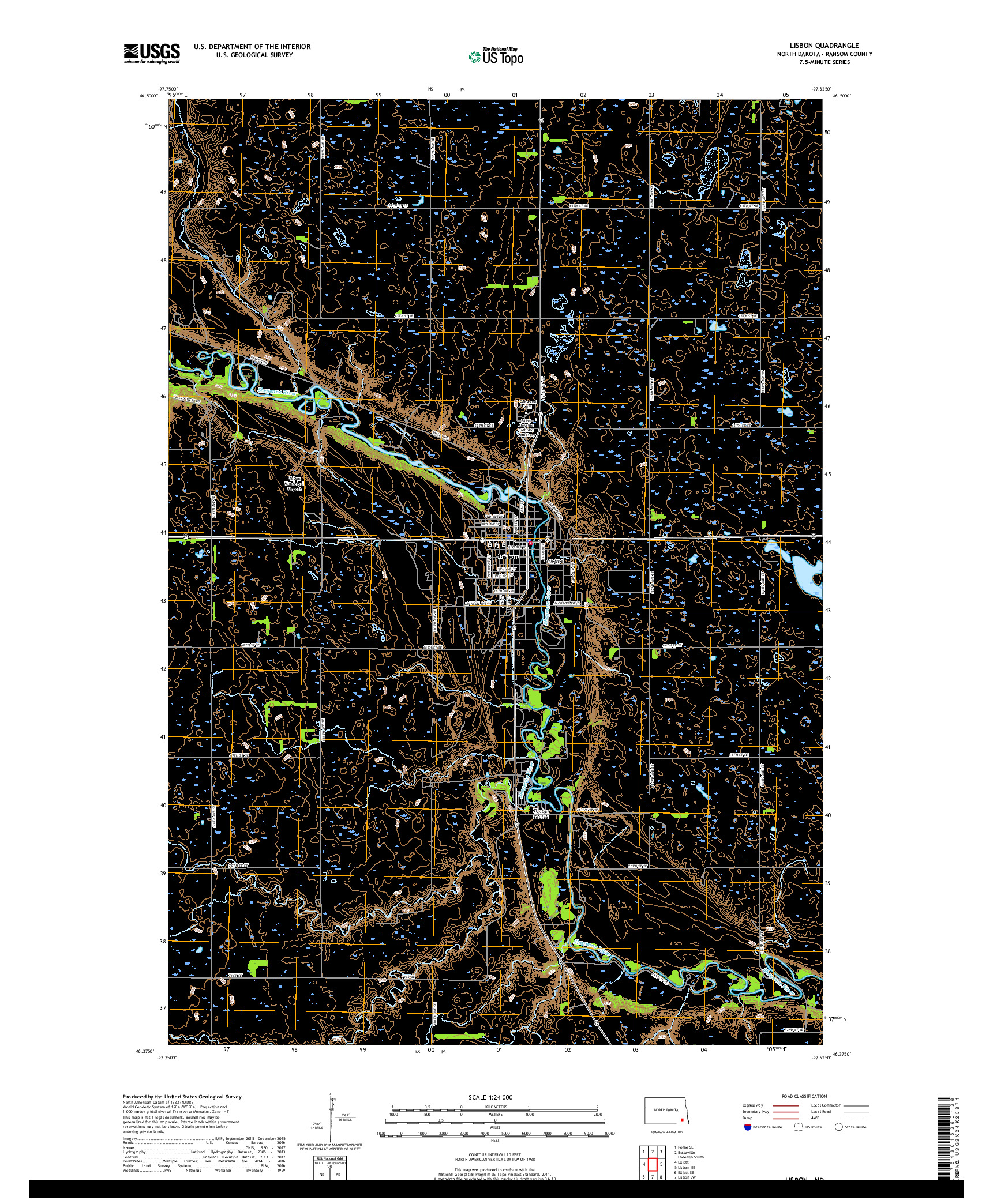 USGS US TOPO 7.5-MINUTE MAP FOR LISBON, ND 2018