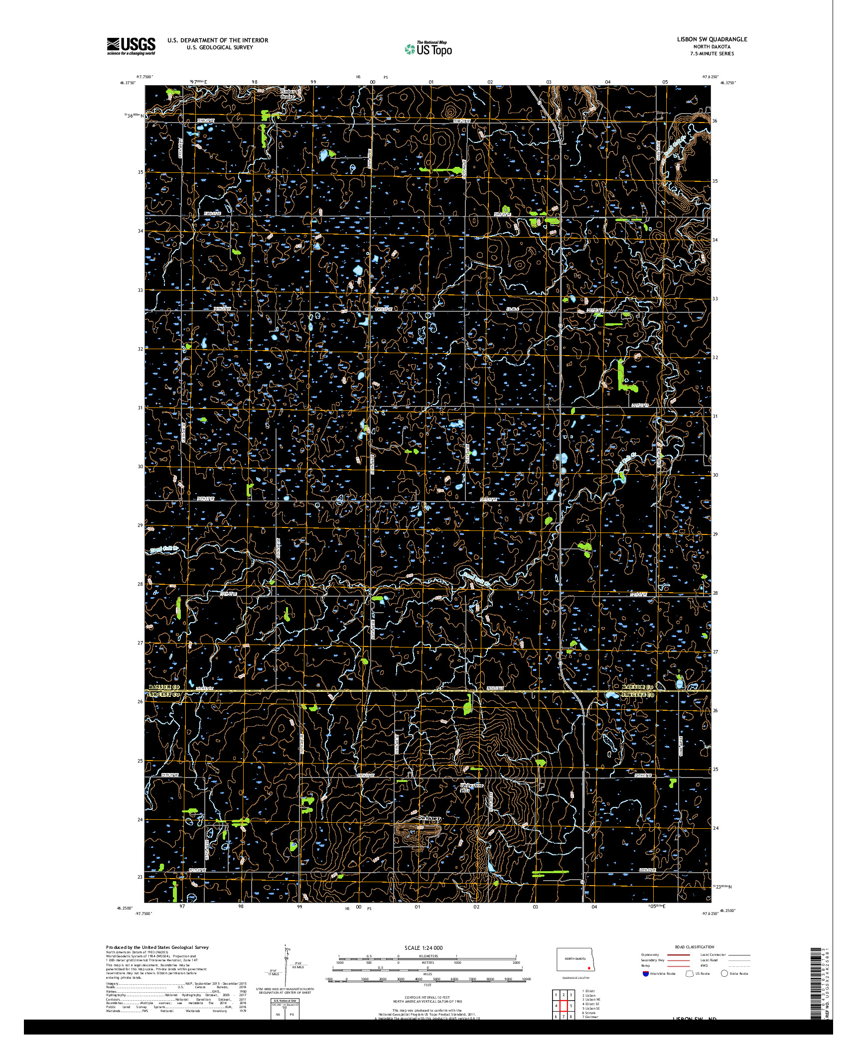 USGS US TOPO 7.5-MINUTE MAP FOR LISBON SW, ND 2018