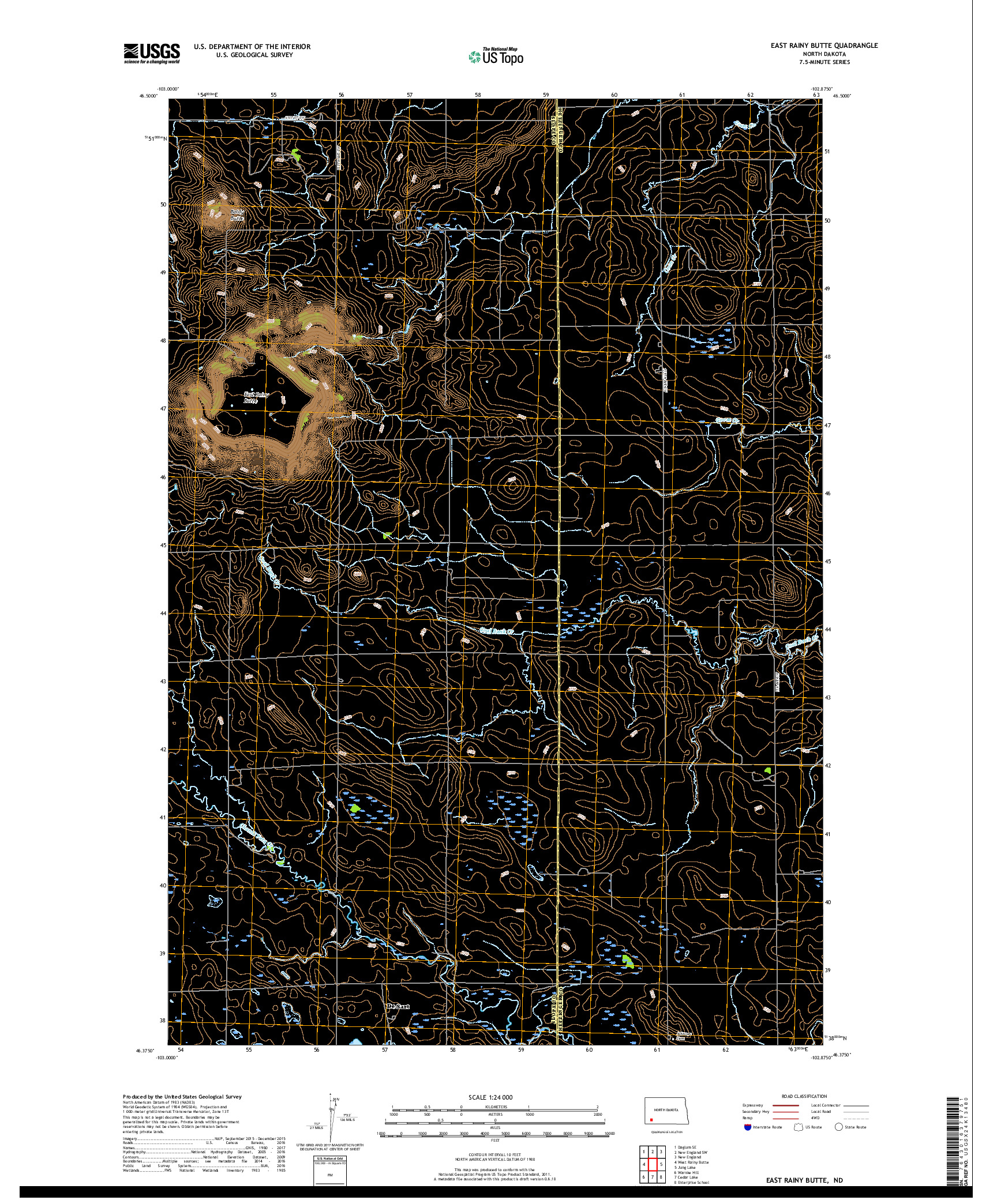 USGS US TOPO 7.5-MINUTE MAP FOR EAST RAINY BUTTE, ND 2018