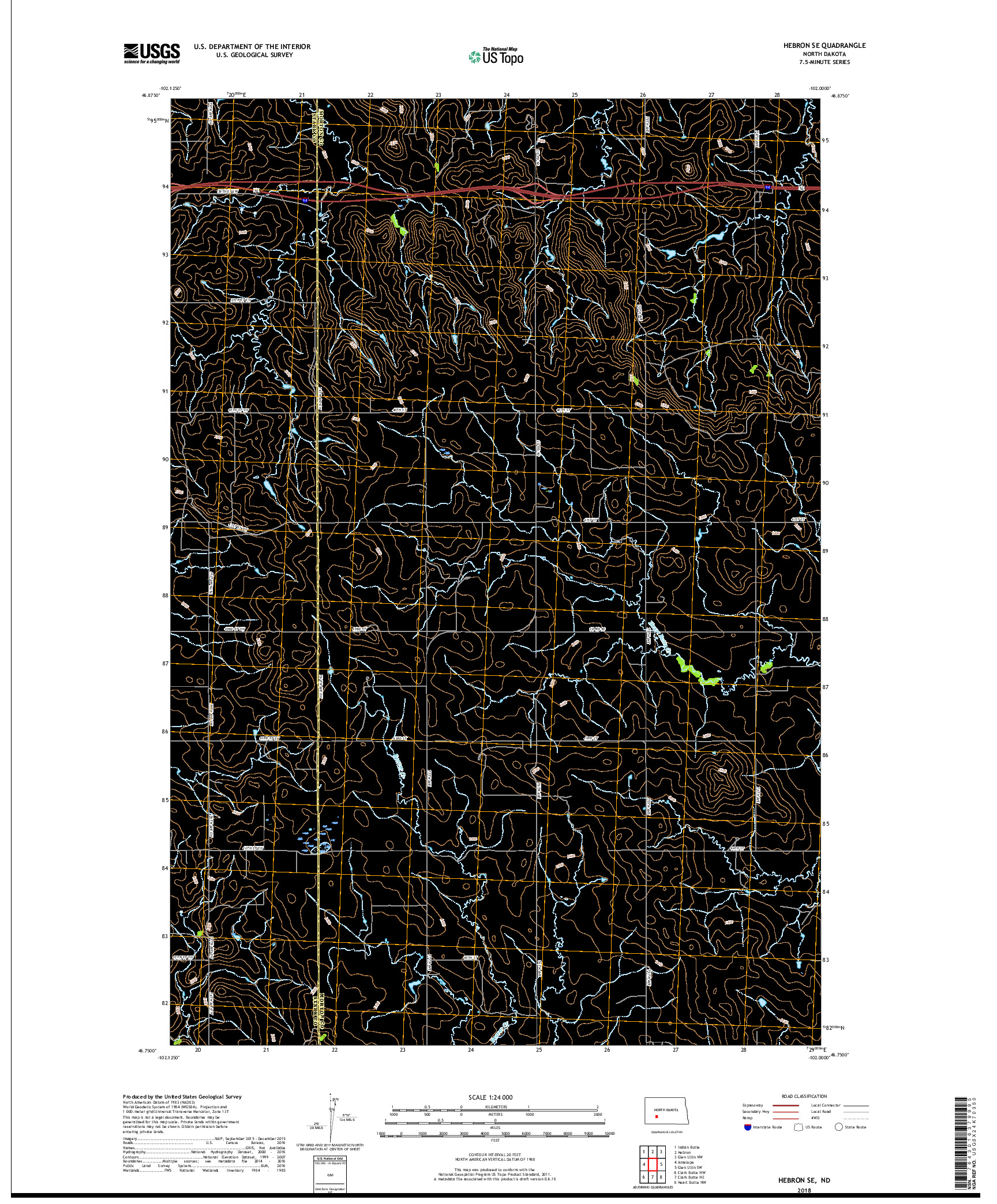 USGS US TOPO 7.5-MINUTE MAP FOR HEBRON SE, ND 2018