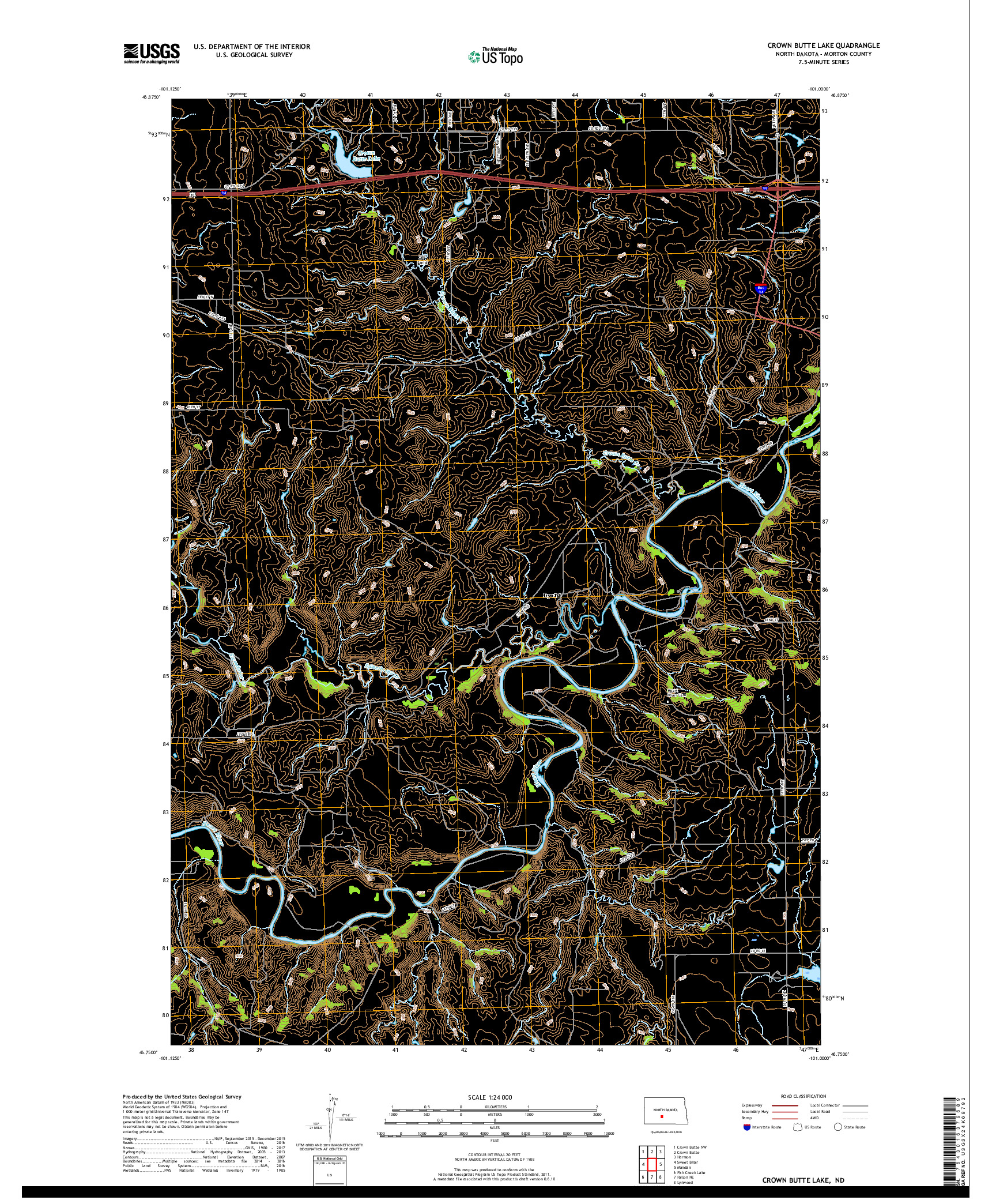 USGS US TOPO 7.5-MINUTE MAP FOR CROWN BUTTE LAKE, ND 2018