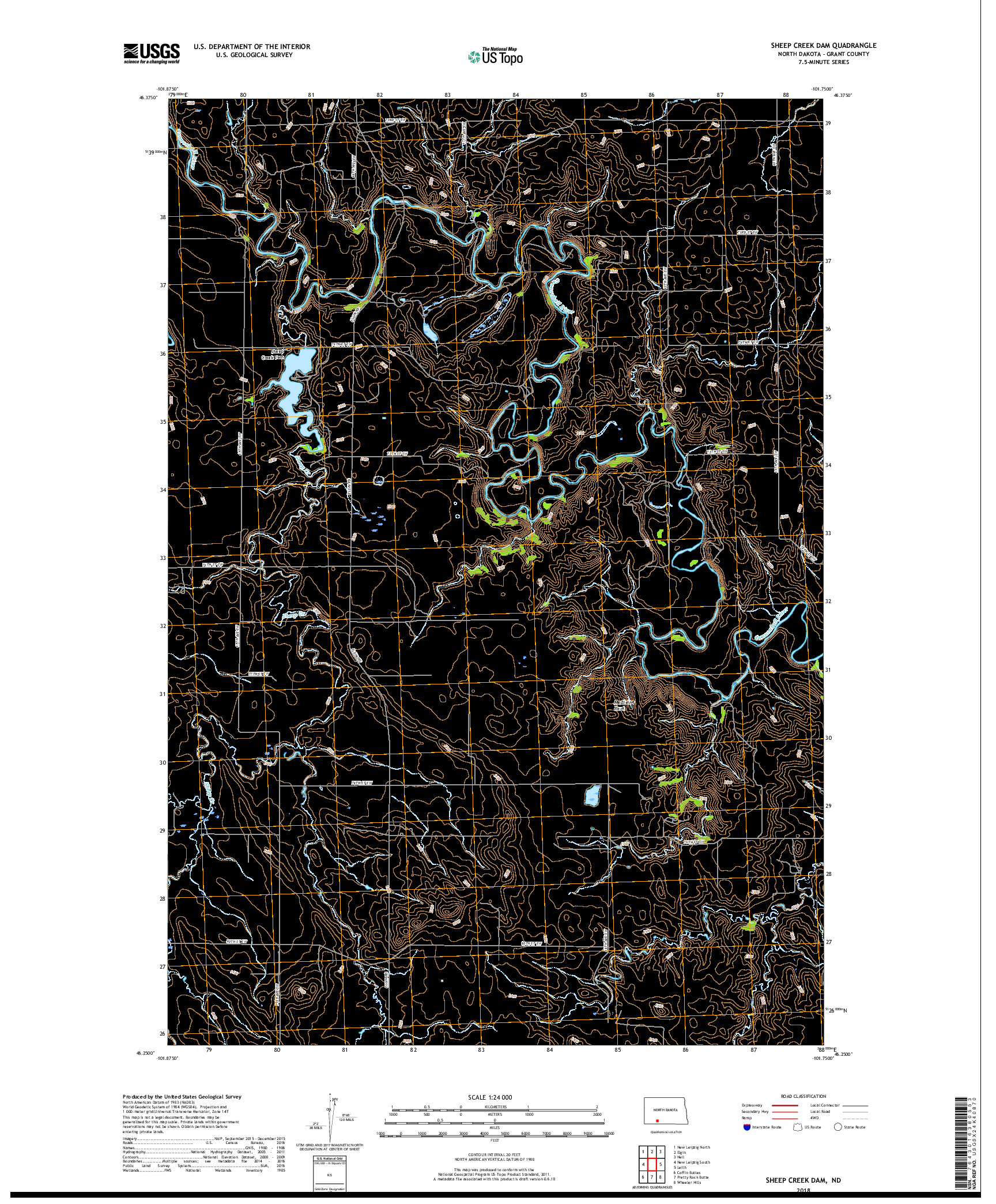 USGS US TOPO 7.5-MINUTE MAP FOR SHEEP CREEK DAM, ND 2018