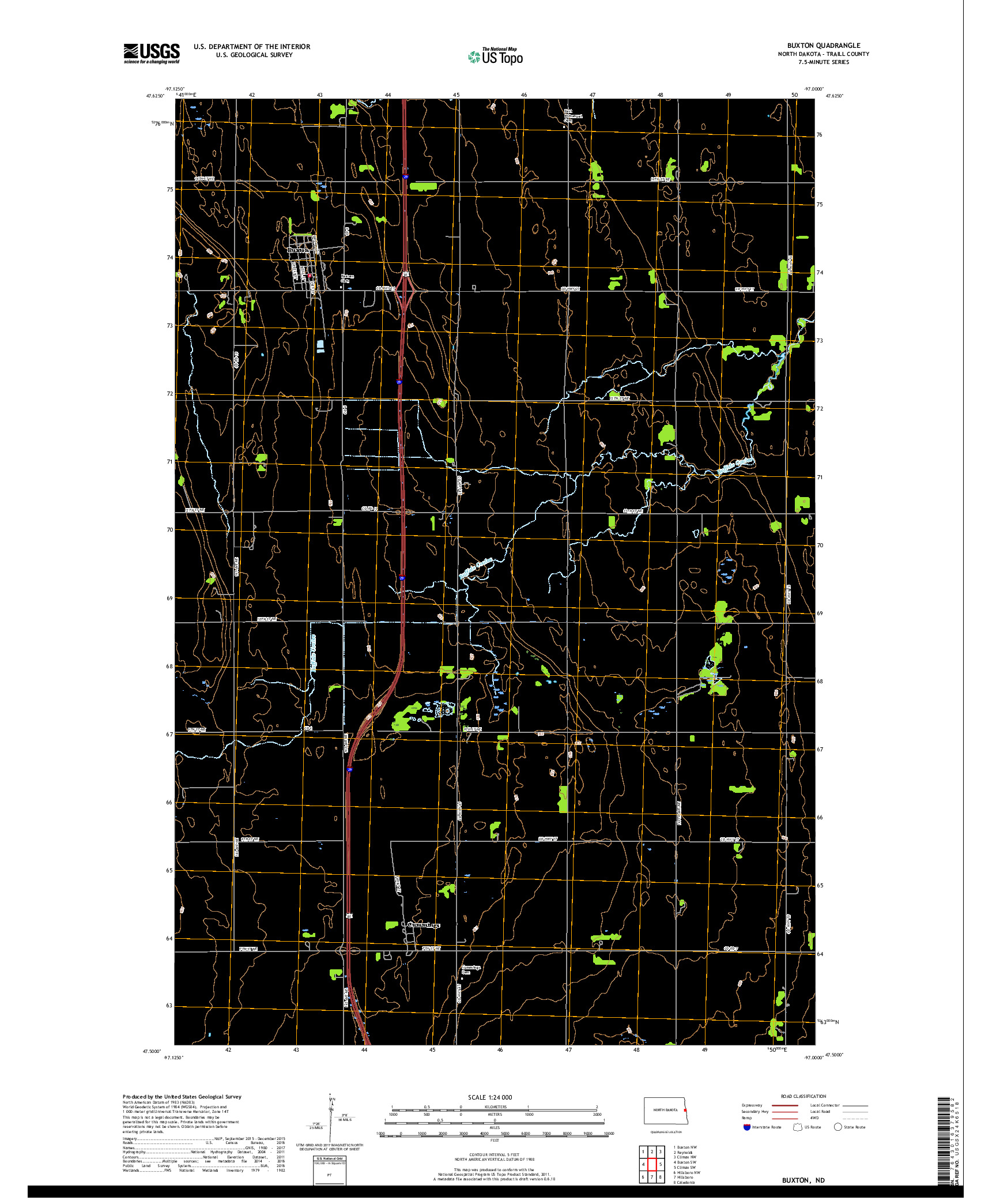 USGS US TOPO 7.5-MINUTE MAP FOR BUXTON, ND 2018
