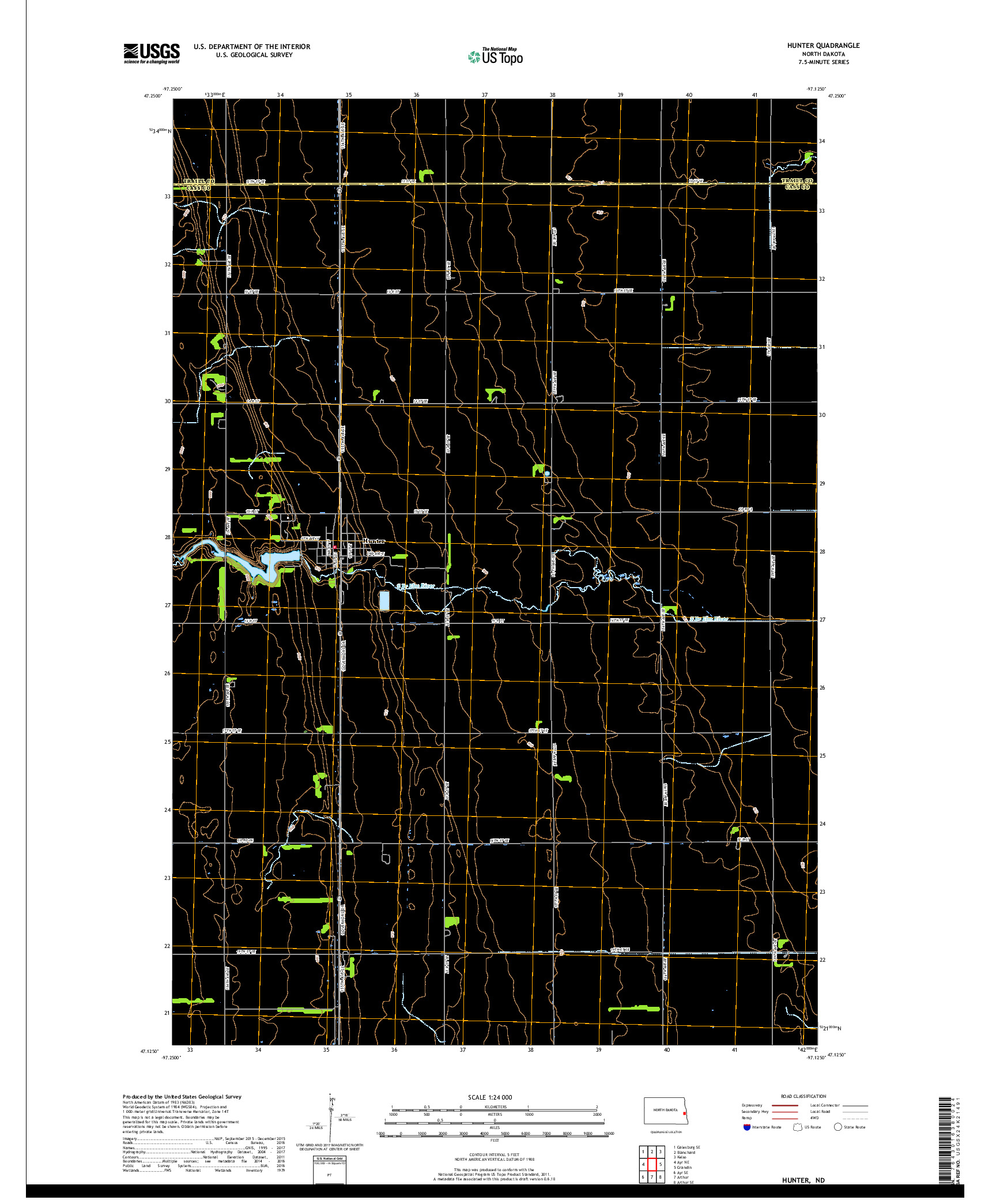 USGS US TOPO 7.5-MINUTE MAP FOR HUNTER, ND 2018