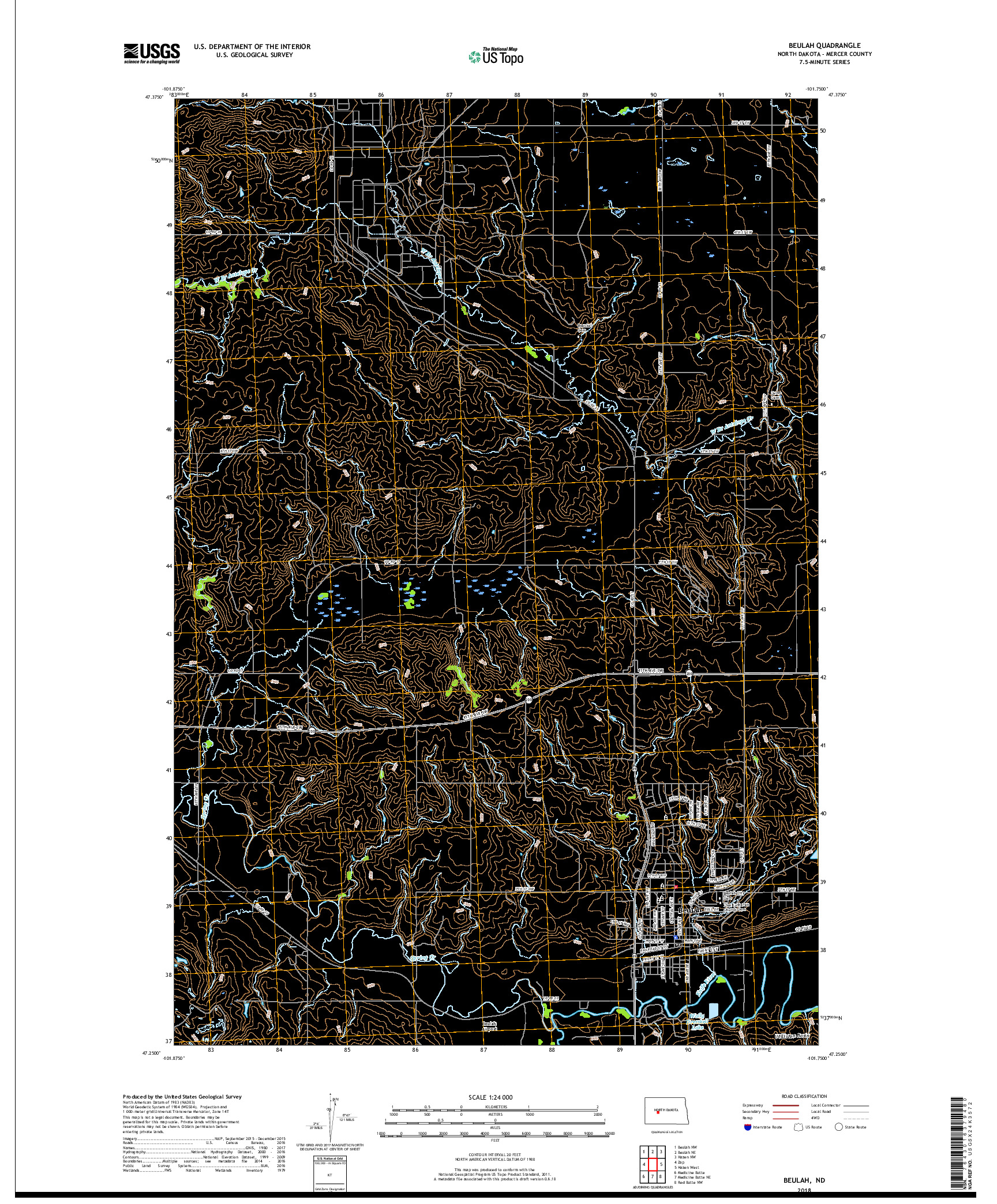 USGS US TOPO 7.5-MINUTE MAP FOR BEULAH, ND 2018