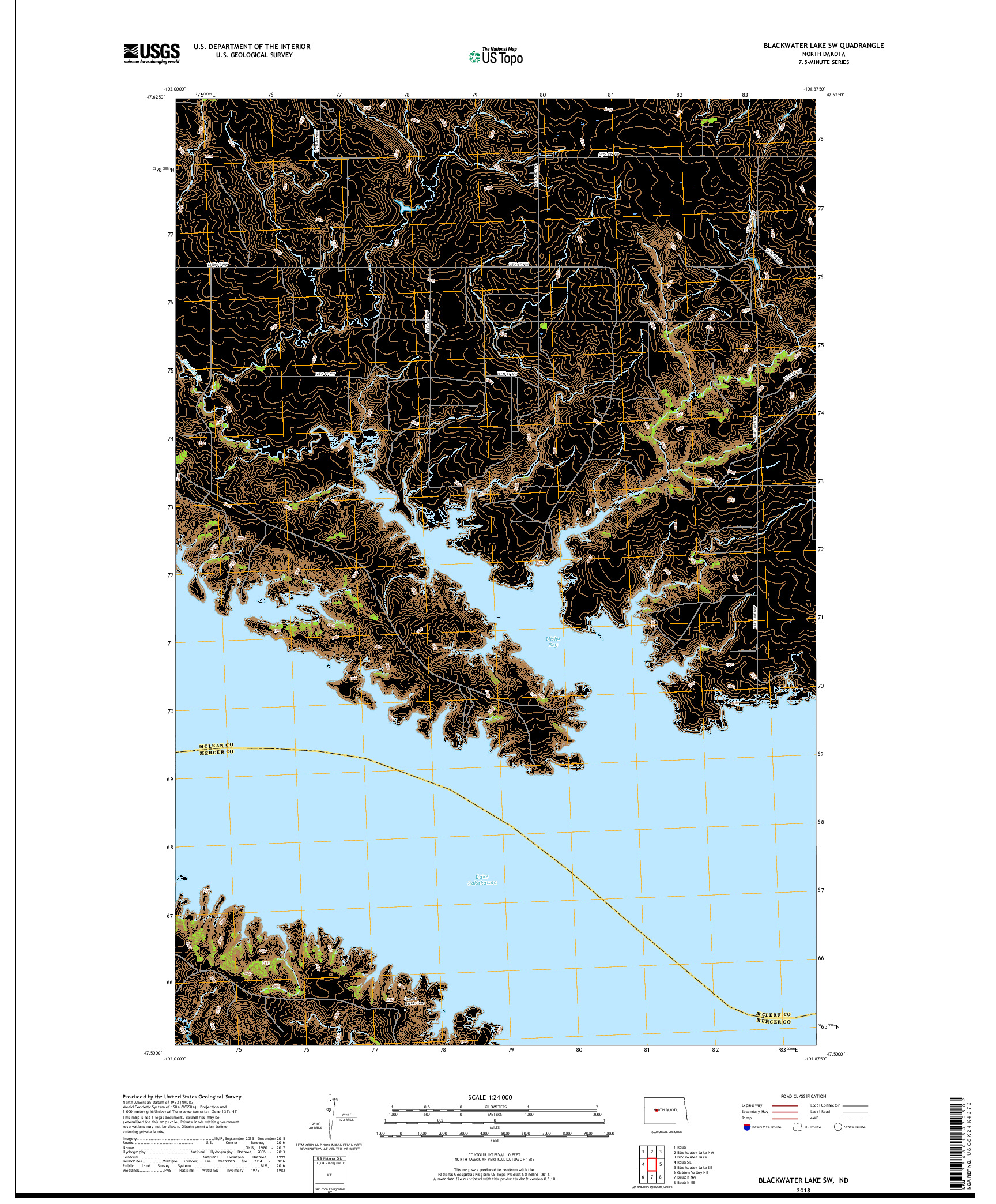 USGS US TOPO 7.5-MINUTE MAP FOR BLACKWATER LAKE SW, ND 2018