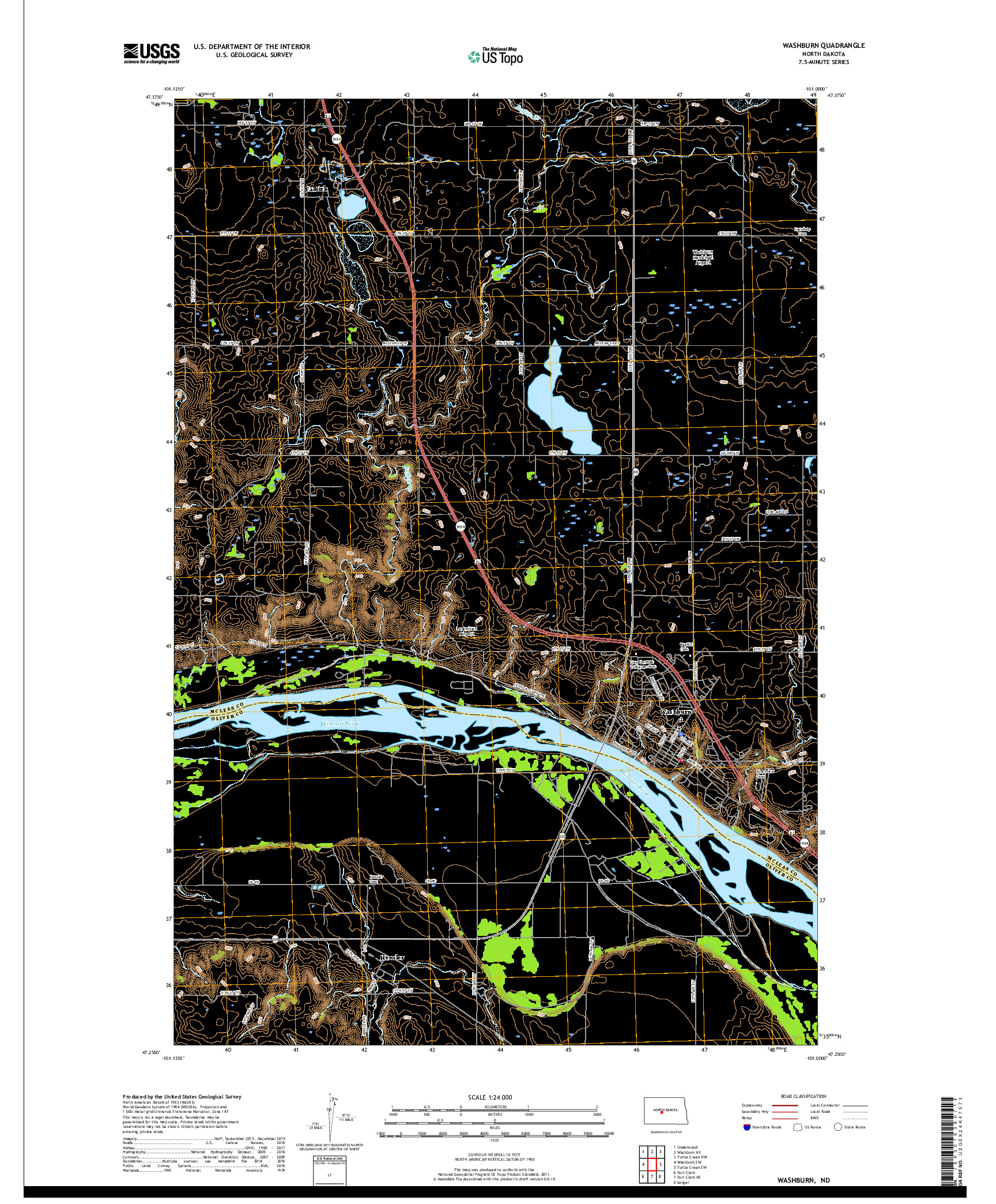 USGS US TOPO 7.5-MINUTE MAP FOR WASHBURN, ND 2018