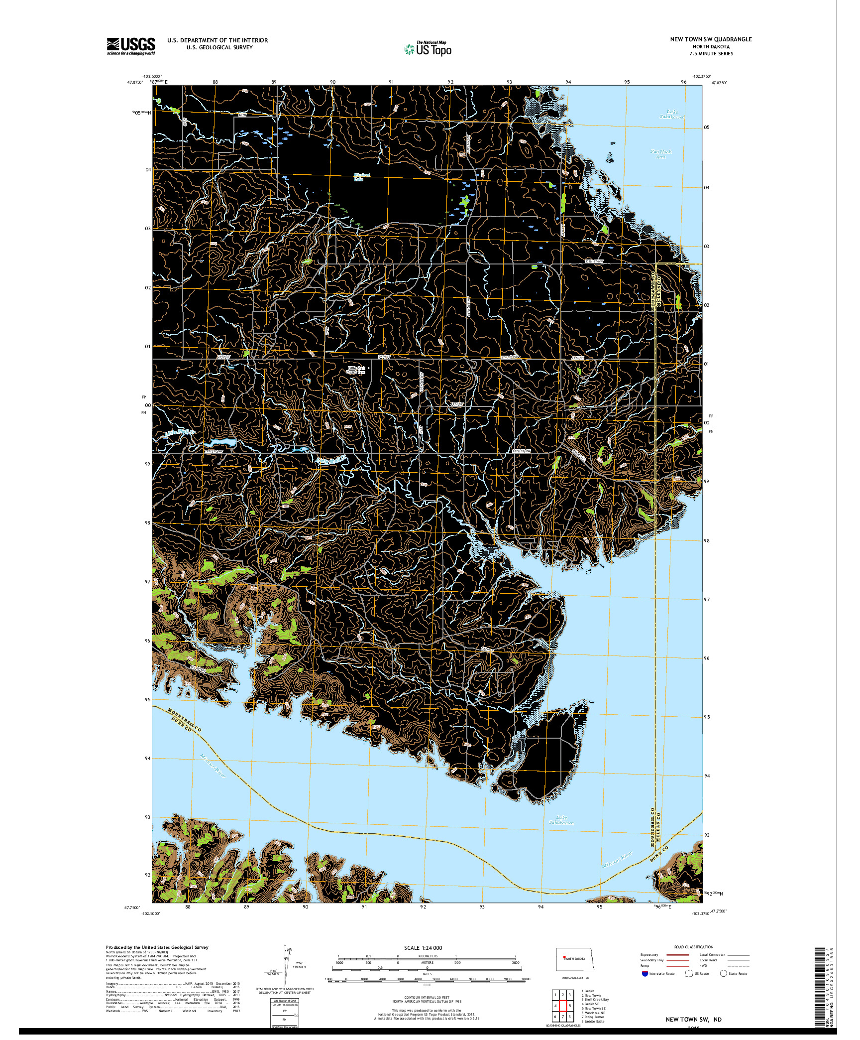 USGS US TOPO 7.5-MINUTE MAP FOR NEW TOWN SW, ND 2018