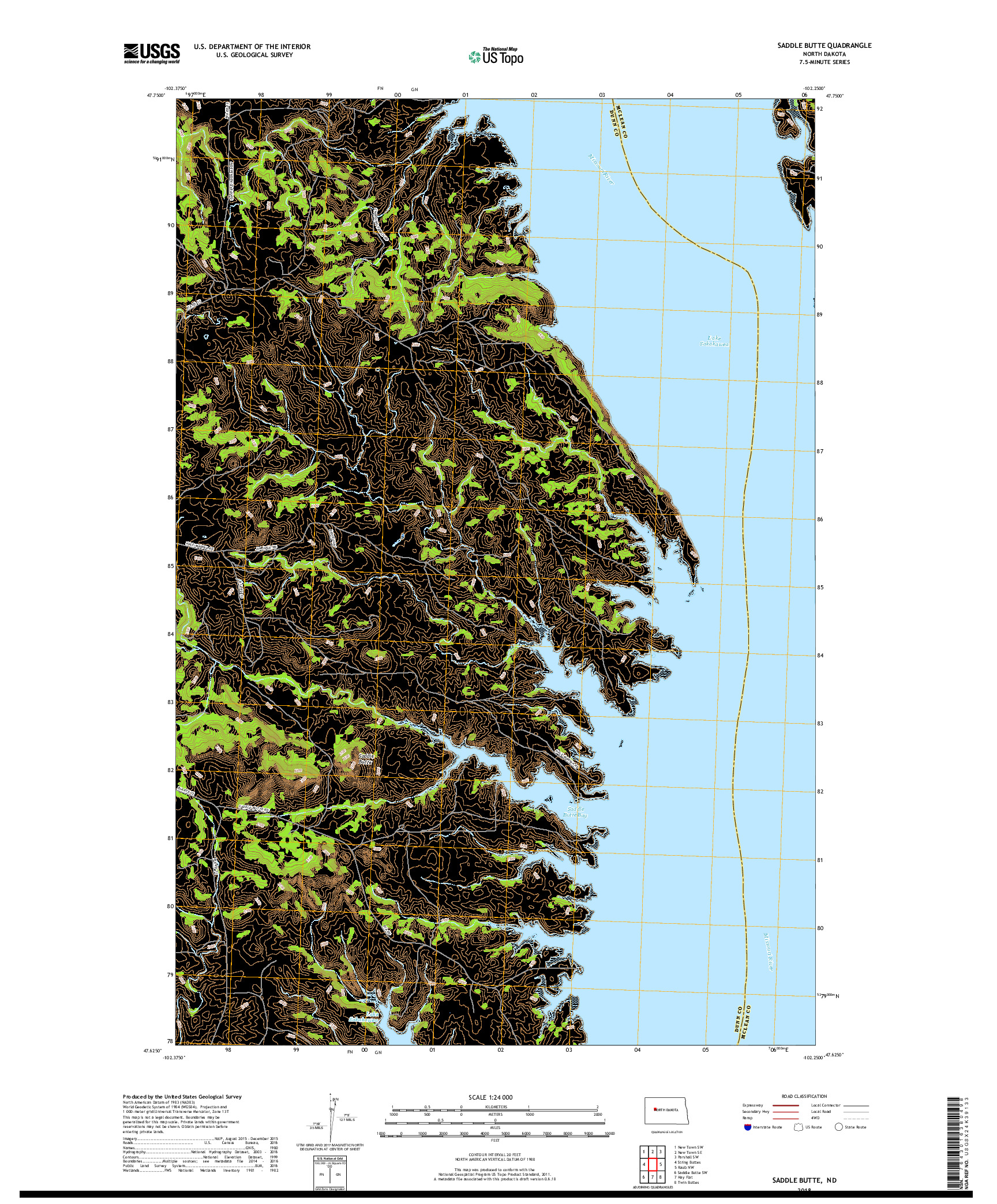 USGS US TOPO 7.5-MINUTE MAP FOR SADDLE BUTTE, ND 2018