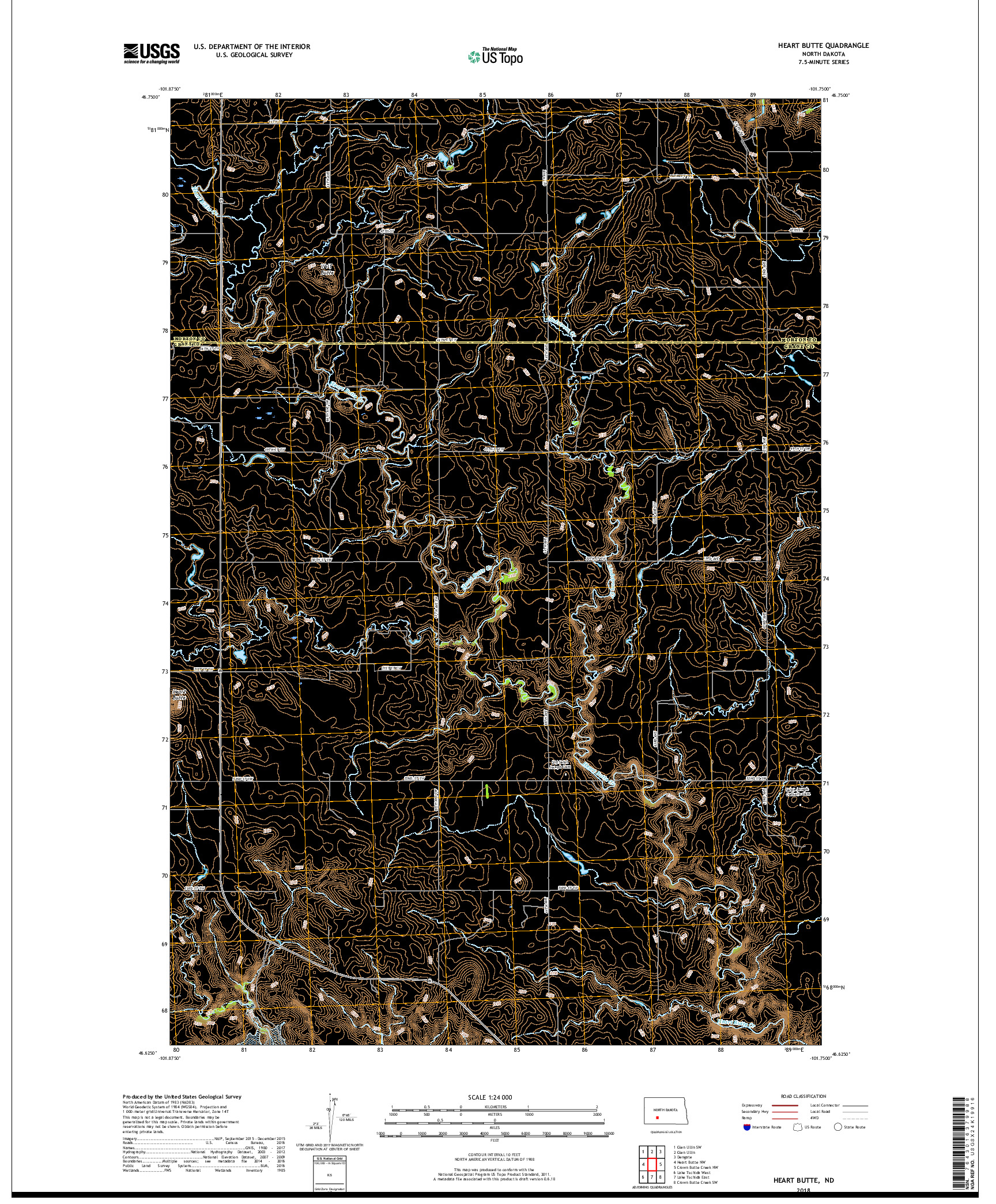 USGS US TOPO 7.5-MINUTE MAP FOR HEART BUTTE, ND 2018