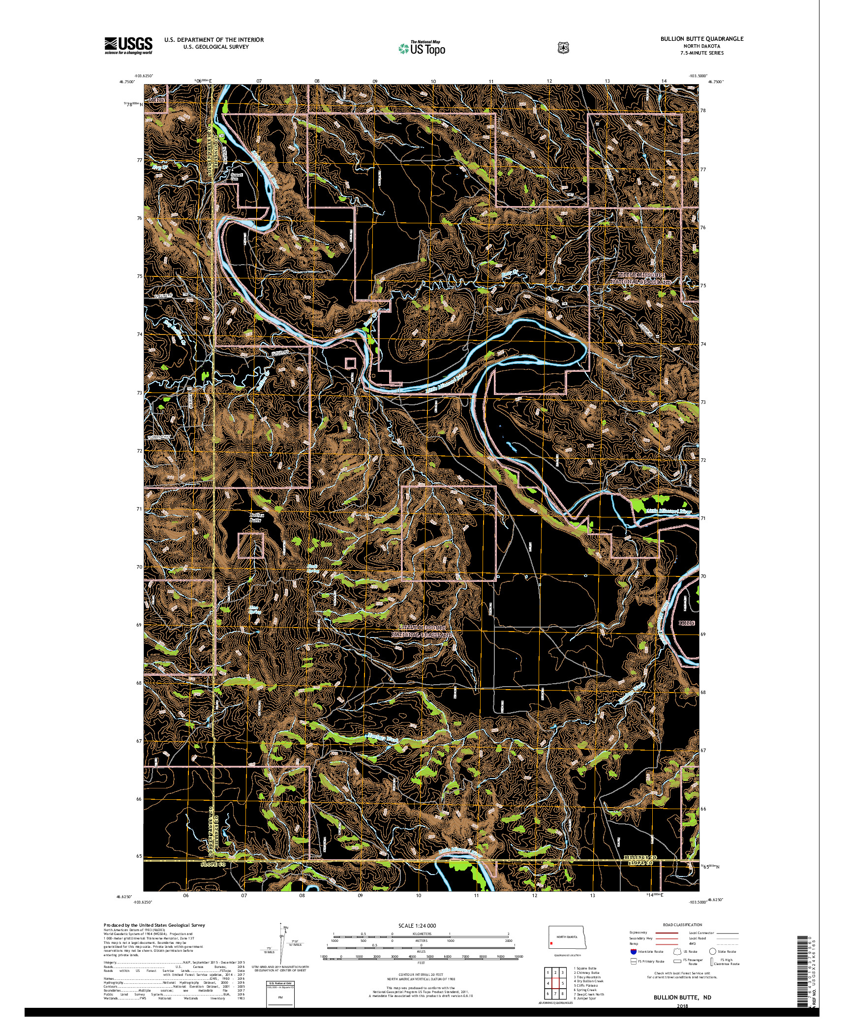 USGS US TOPO 7.5-MINUTE MAP FOR BULLION BUTTE, ND 2018