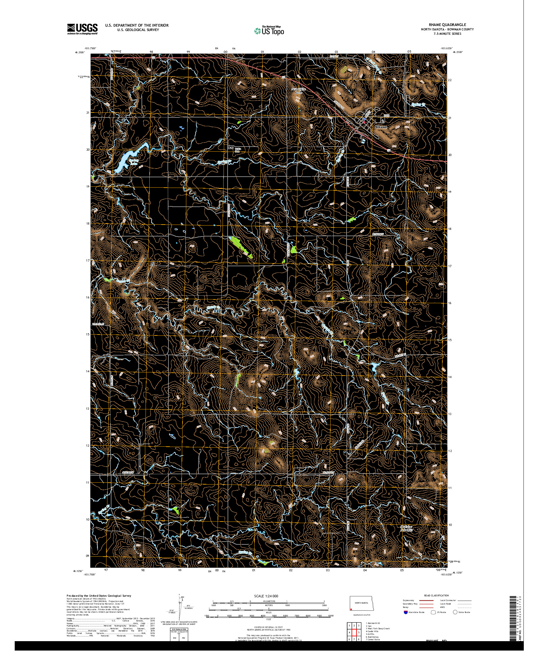 USGS US TOPO 7.5-MINUTE MAP FOR RHAME, ND 2018