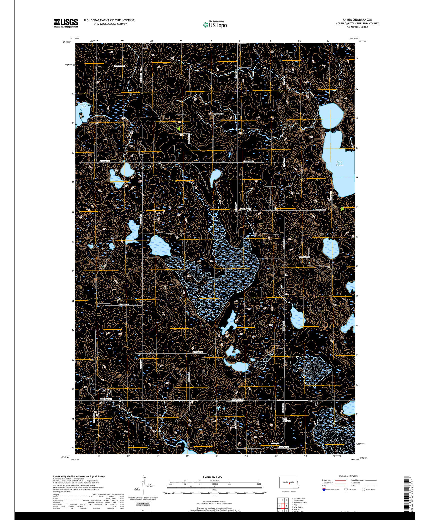 USGS US TOPO 7.5-MINUTE MAP FOR ARENA, ND 2018