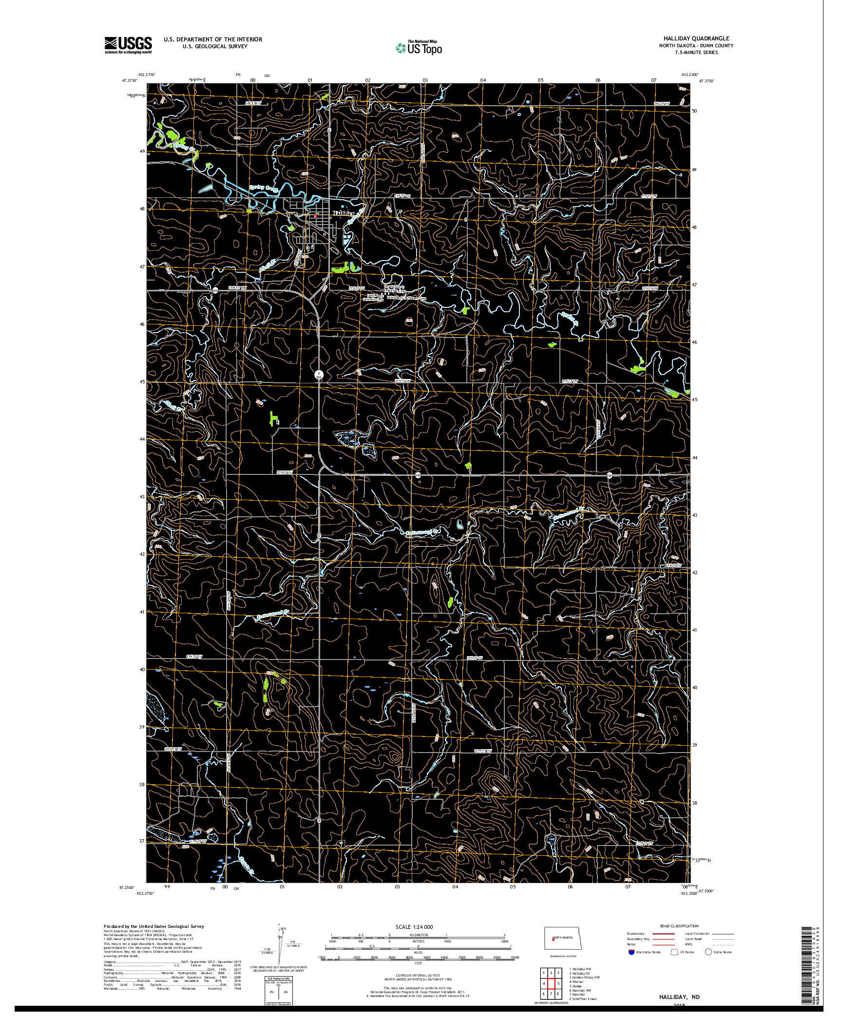 USGS US TOPO 7.5-MINUTE MAP FOR HALLIDAY, ND 2018